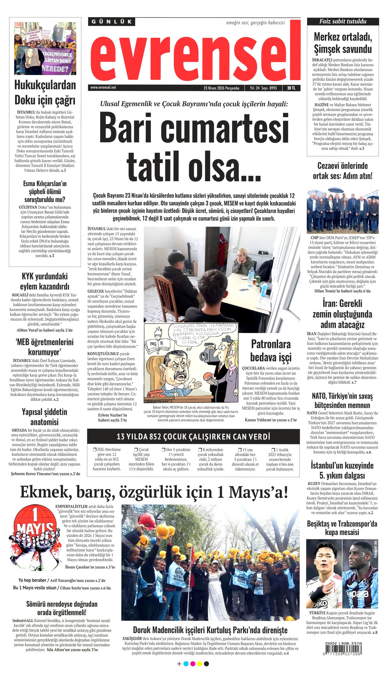 EVRENSEL gazetesinin 23 Nisan 2026 tarihli birinci sayfası