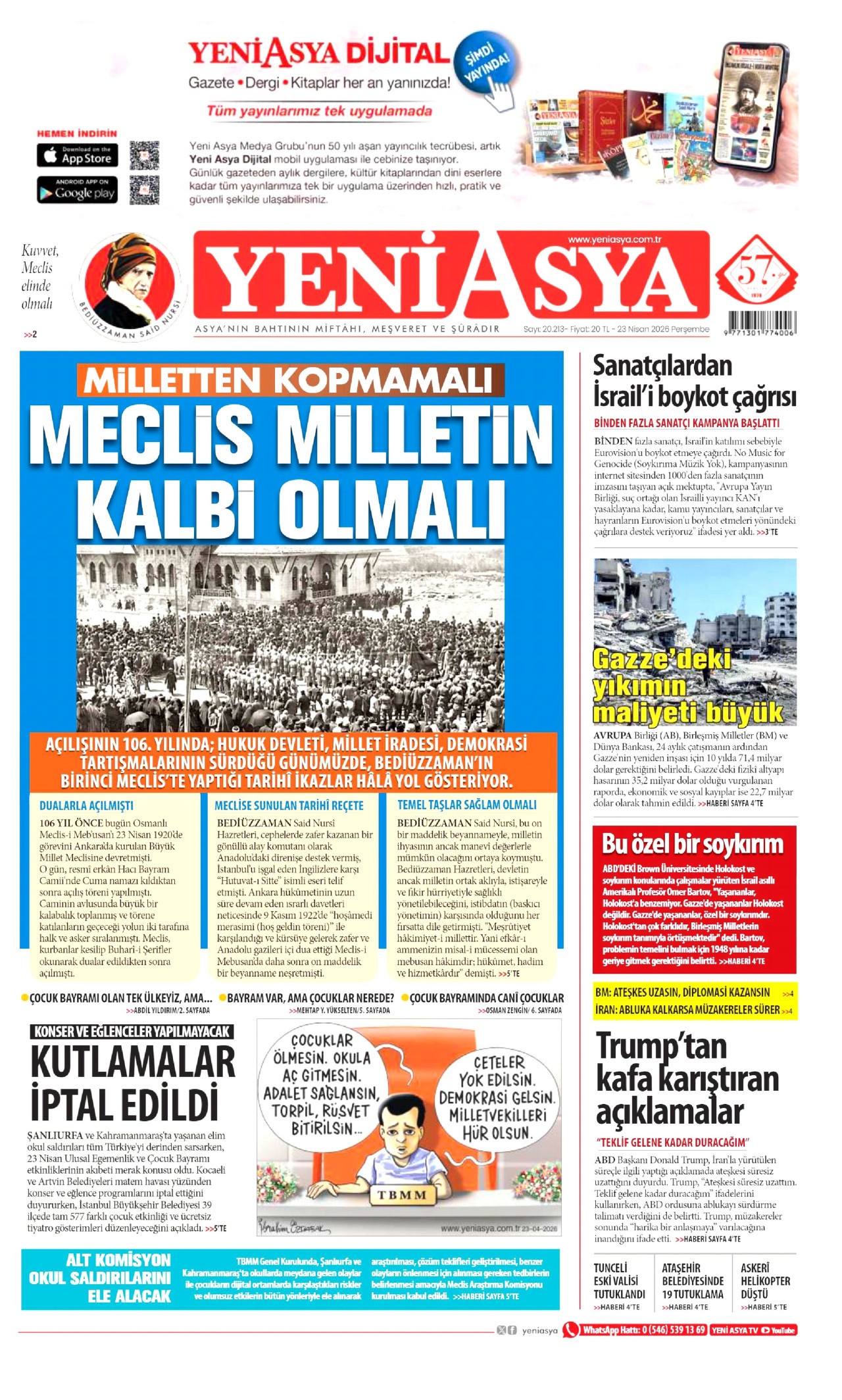 YENİ ASYA gazetesinin 23 Nisan 2026 tarihli birinci sayfası