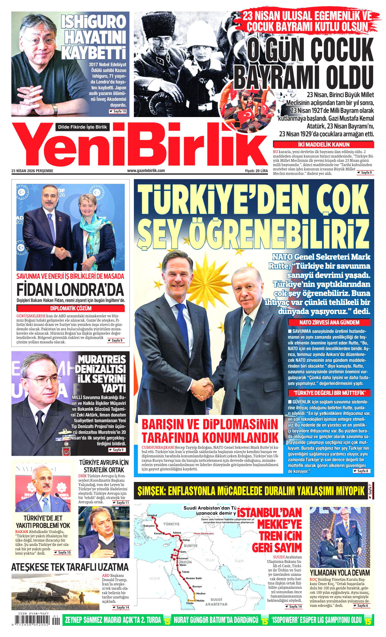 YENİBİRLİK gazetesinin 23 Nisan 2026 tarihli birinci sayfası