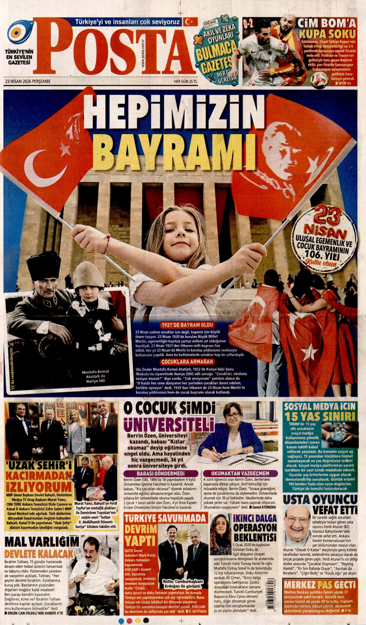 POSTA gazetesinin 23 Nisan 2026 tarihli birinci sayfası