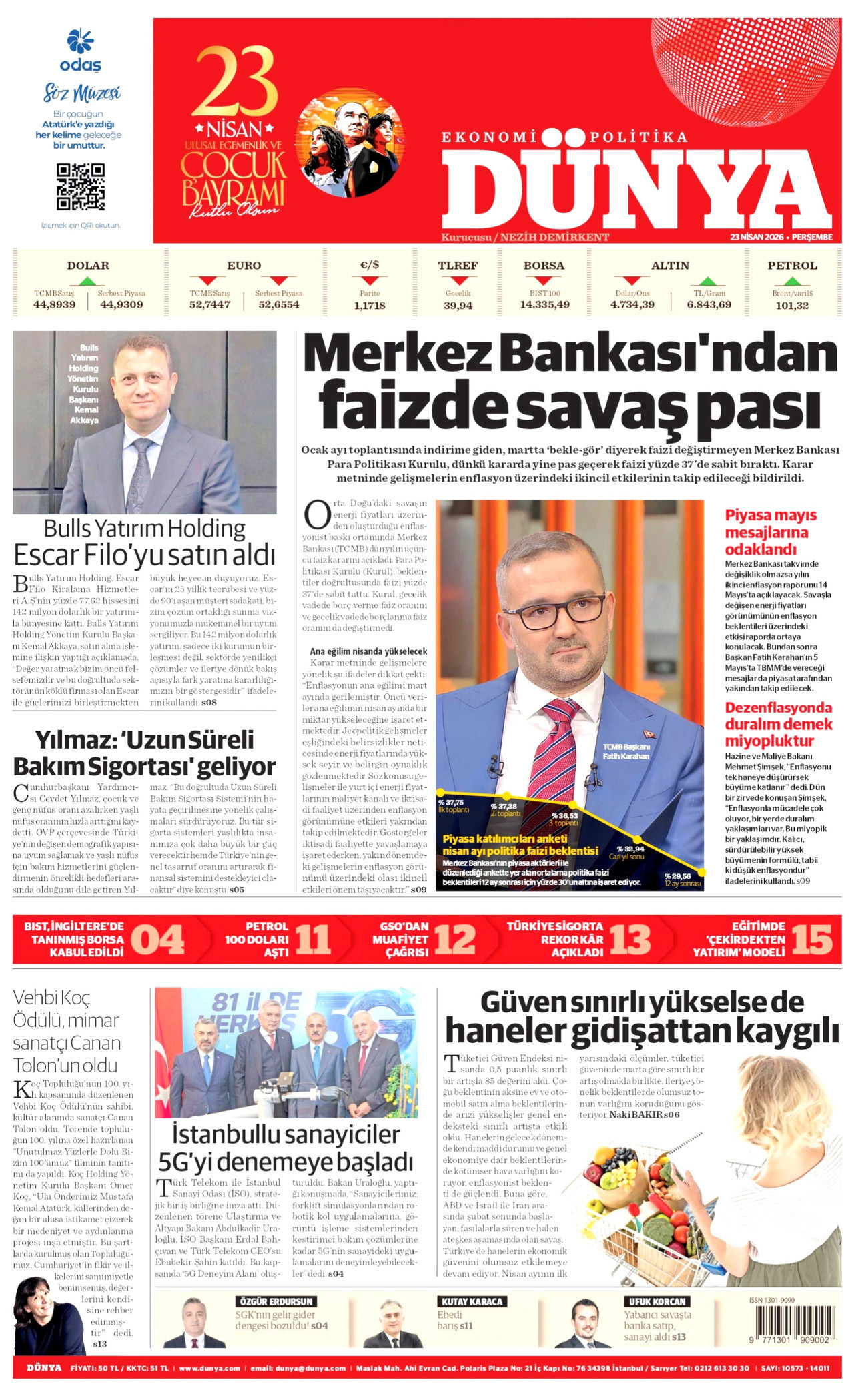 DÜNYA gazetesinin 23 Nisan 2026 tarihli birinci sayfası