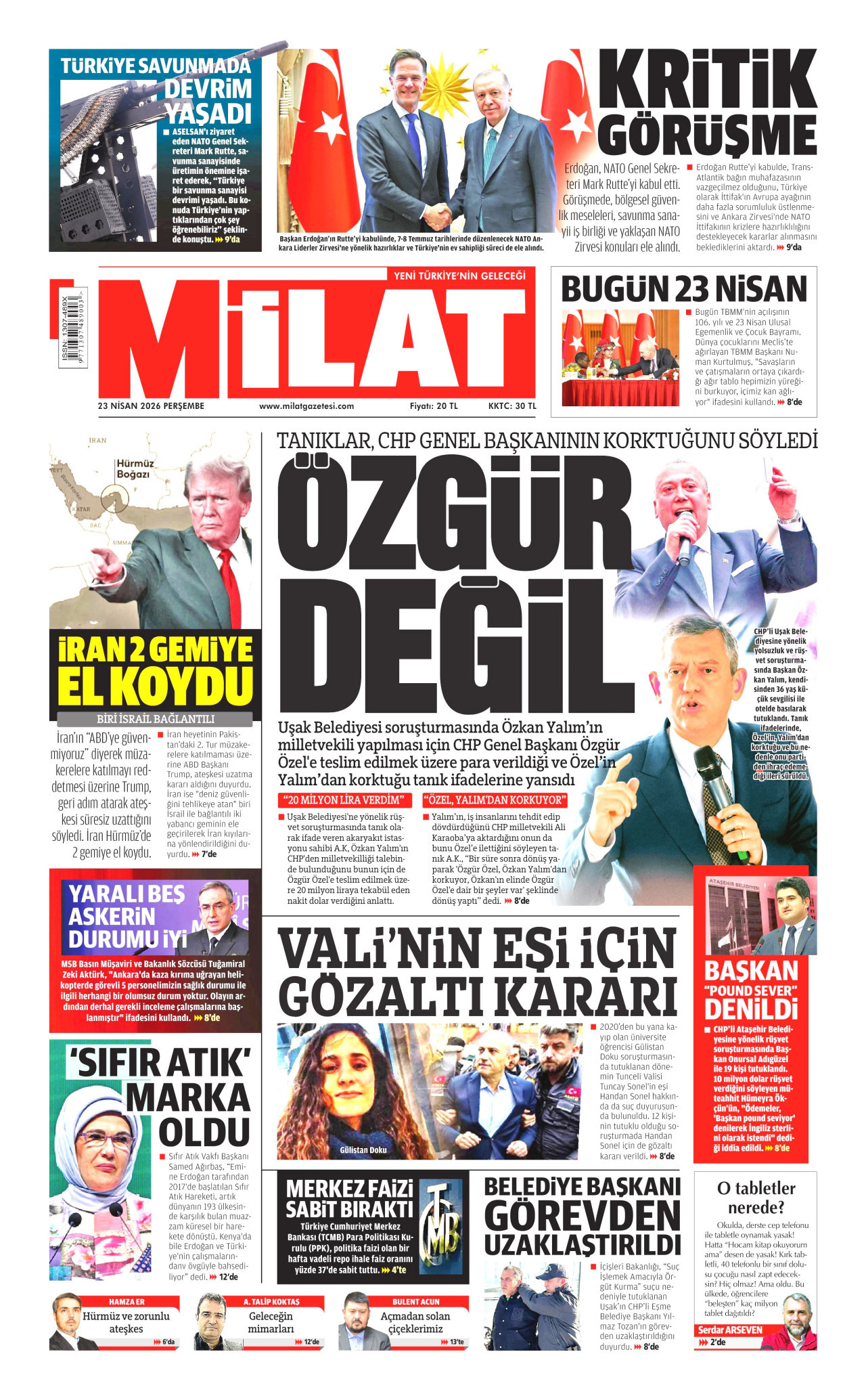 MİLAT gazetesinin 23 Nisan 2026 tarihli birinci sayfası