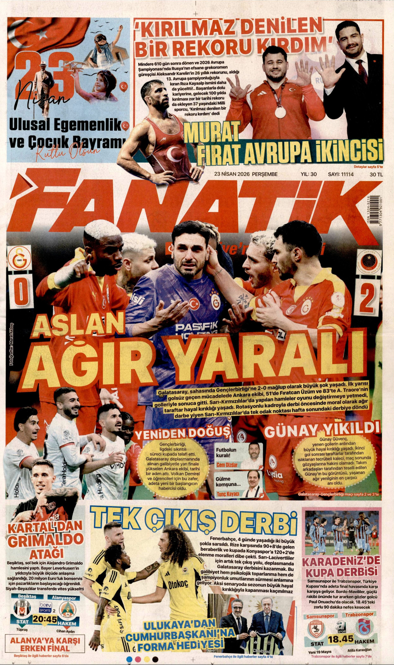 FANATİK gazetesinin 23 Nisan 2026 tarihli birinci sayfası