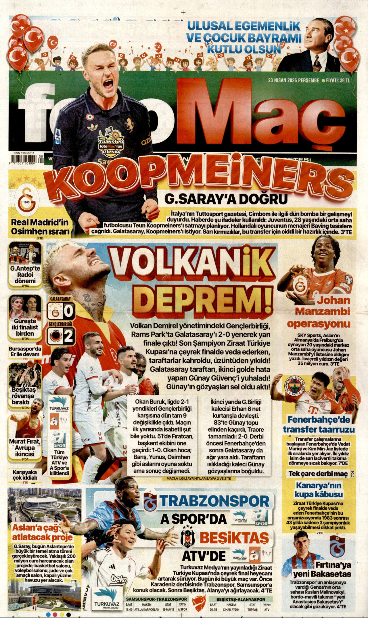FOTOMAÇ gazetesinin 23 Nisan 2026 tarihli birinci sayfası