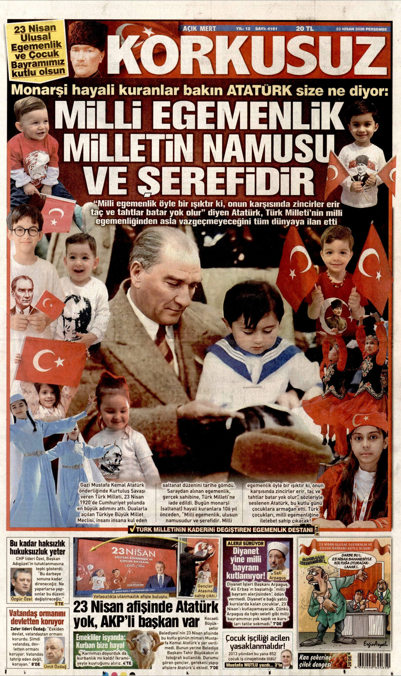 KORKUSUZ gazetesinin 23 Nisan 2026 tarihli birinci sayfası