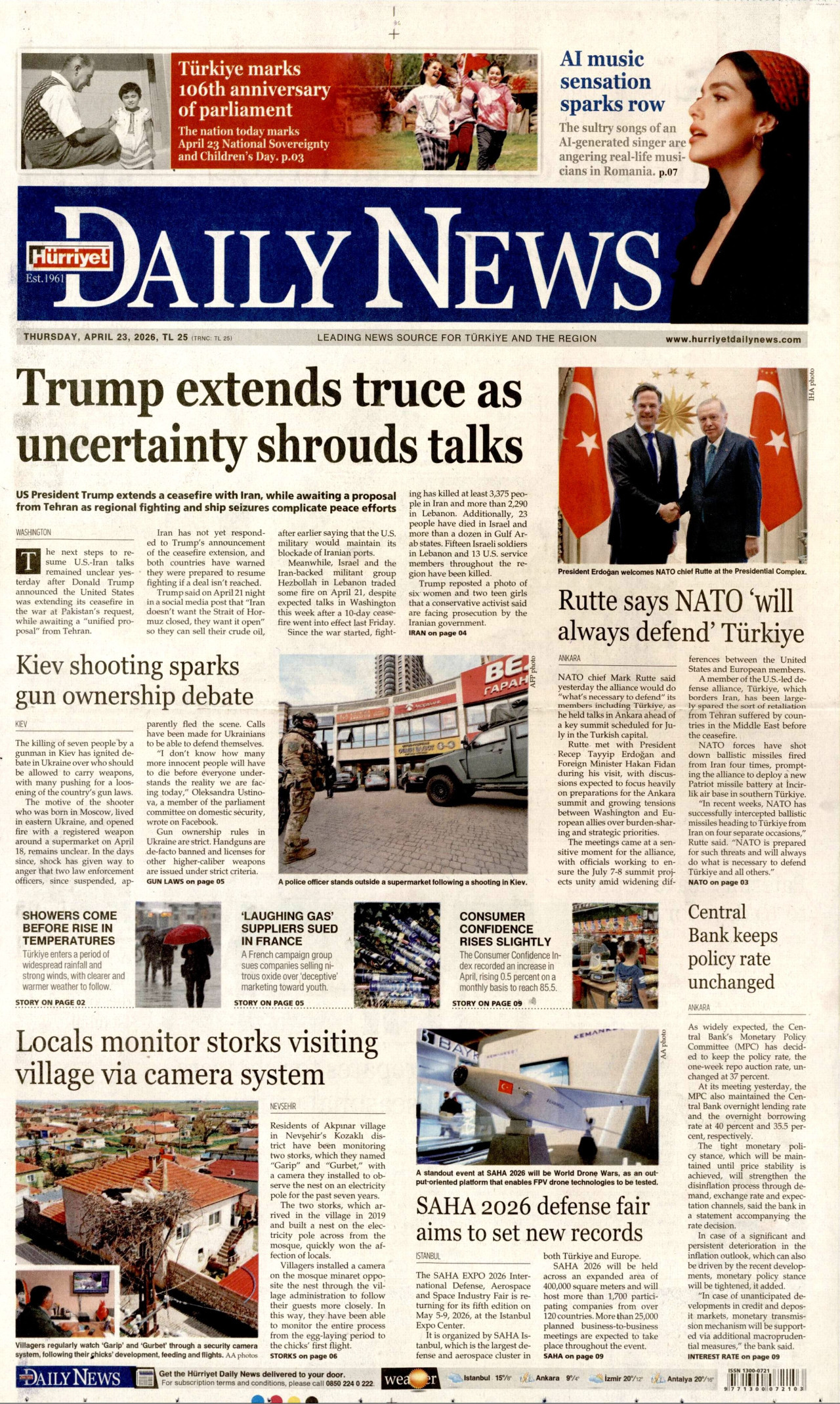 HÜRRİYET DAİLY NEWS gazetesinin 23 Nisan 2026 tarihli birinci sayfası