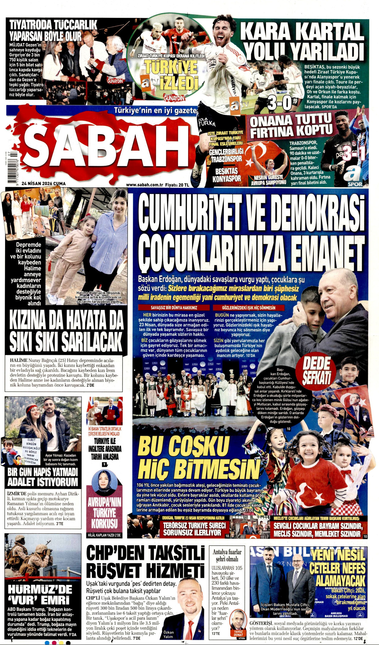 SABAH gazetesinin 24 Nisan 2026 tarihli birinci sayfası