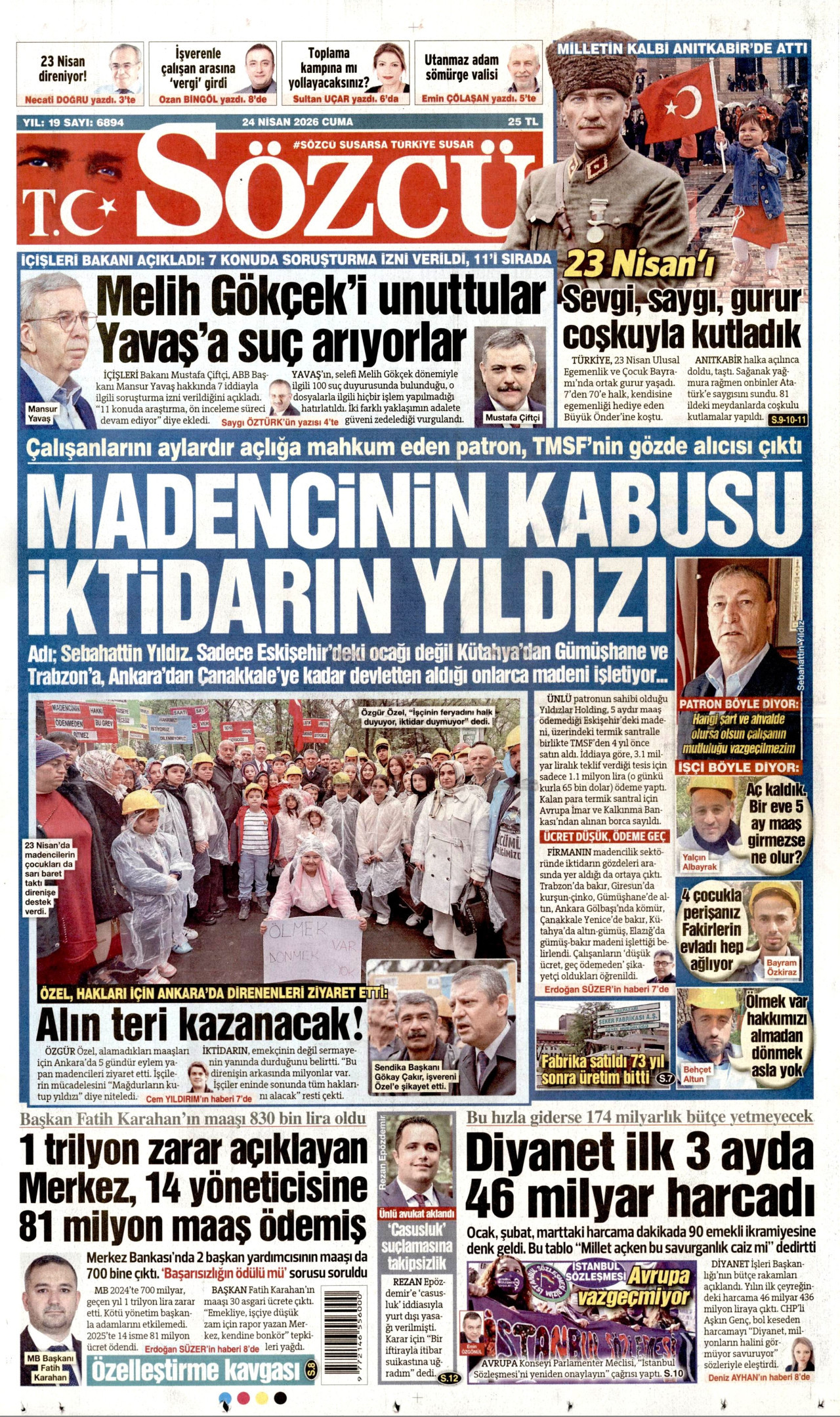 SÖZCÜ gazetesinin 24 Nisan 2026 tarihli birinci sayfası