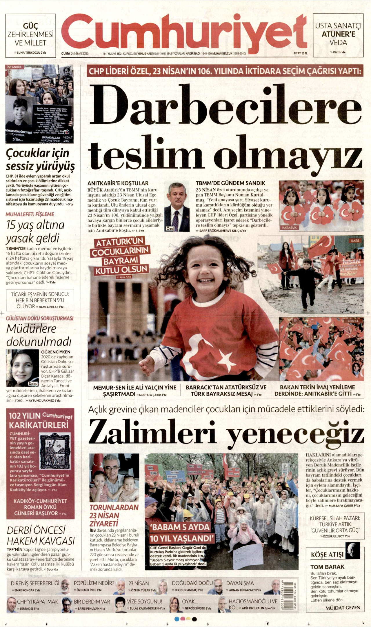 CUMHURİYET gazetesinin 24 Nisan 2026 tarihli birinci sayfası