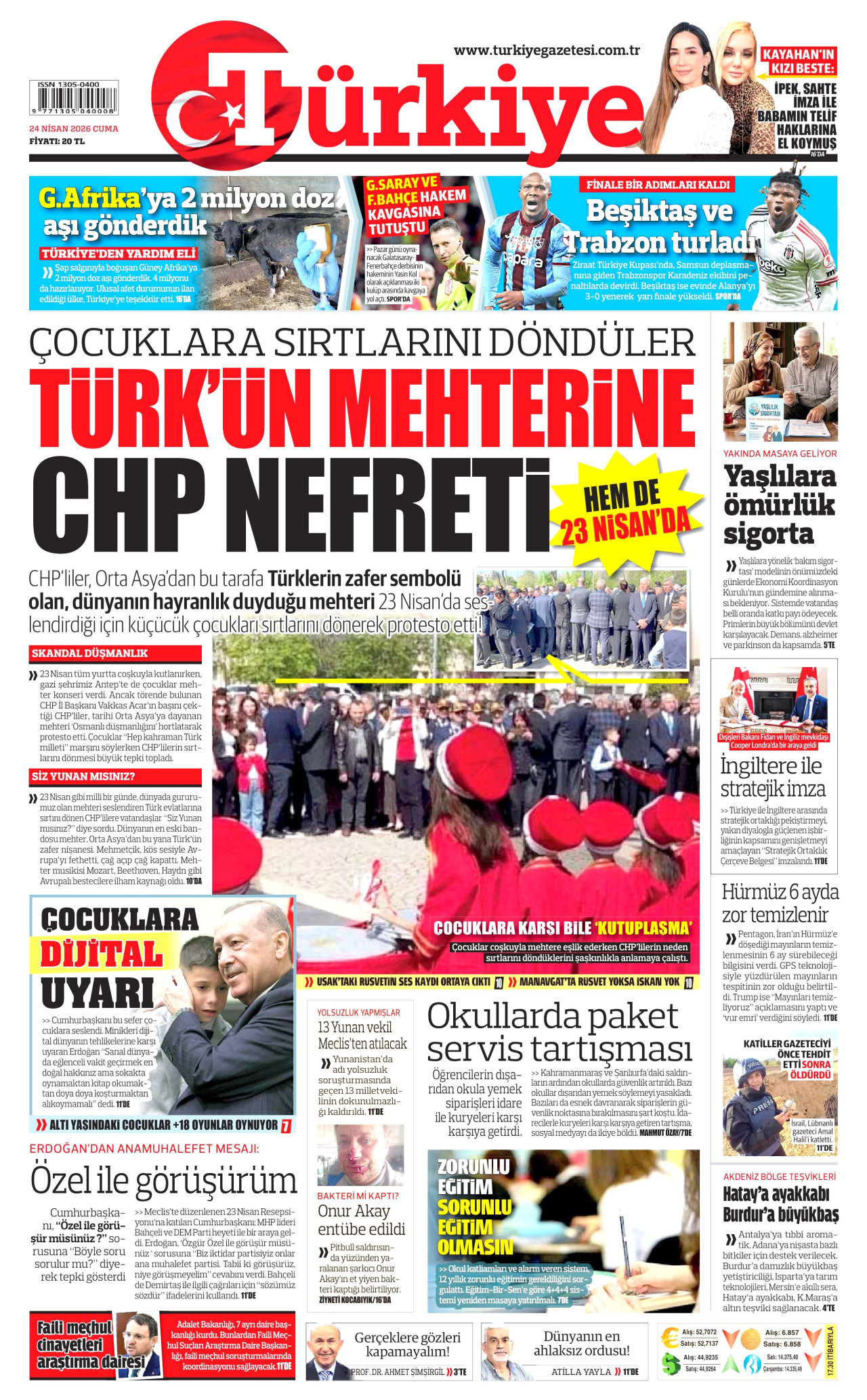 TÜRKİYE GAZETESİ gazetesinin 24 Nisan 2026 tarihli birinci sayfası