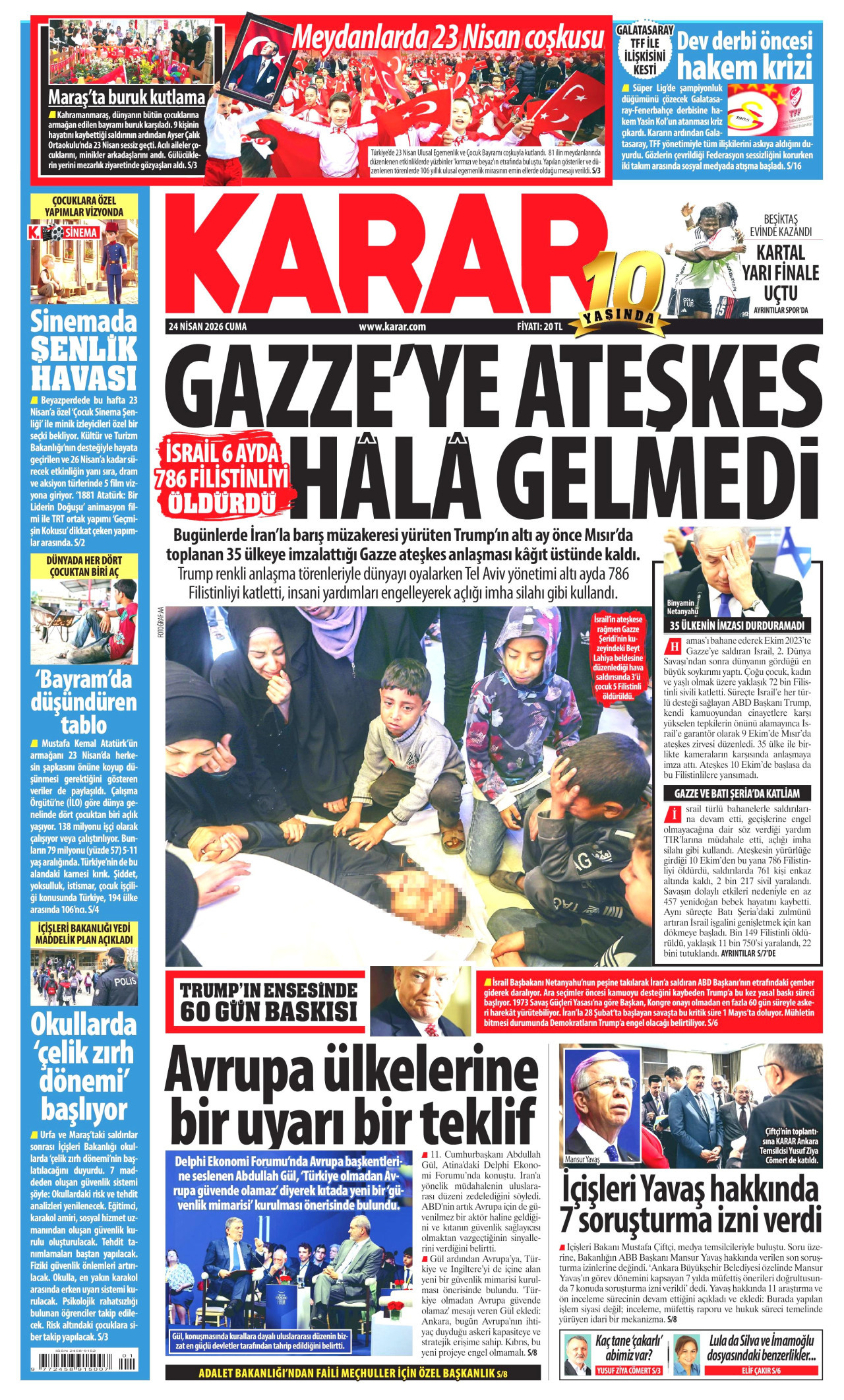 KARAR gazetesinin 24 Nisan 2026 tarihli birinci sayfası