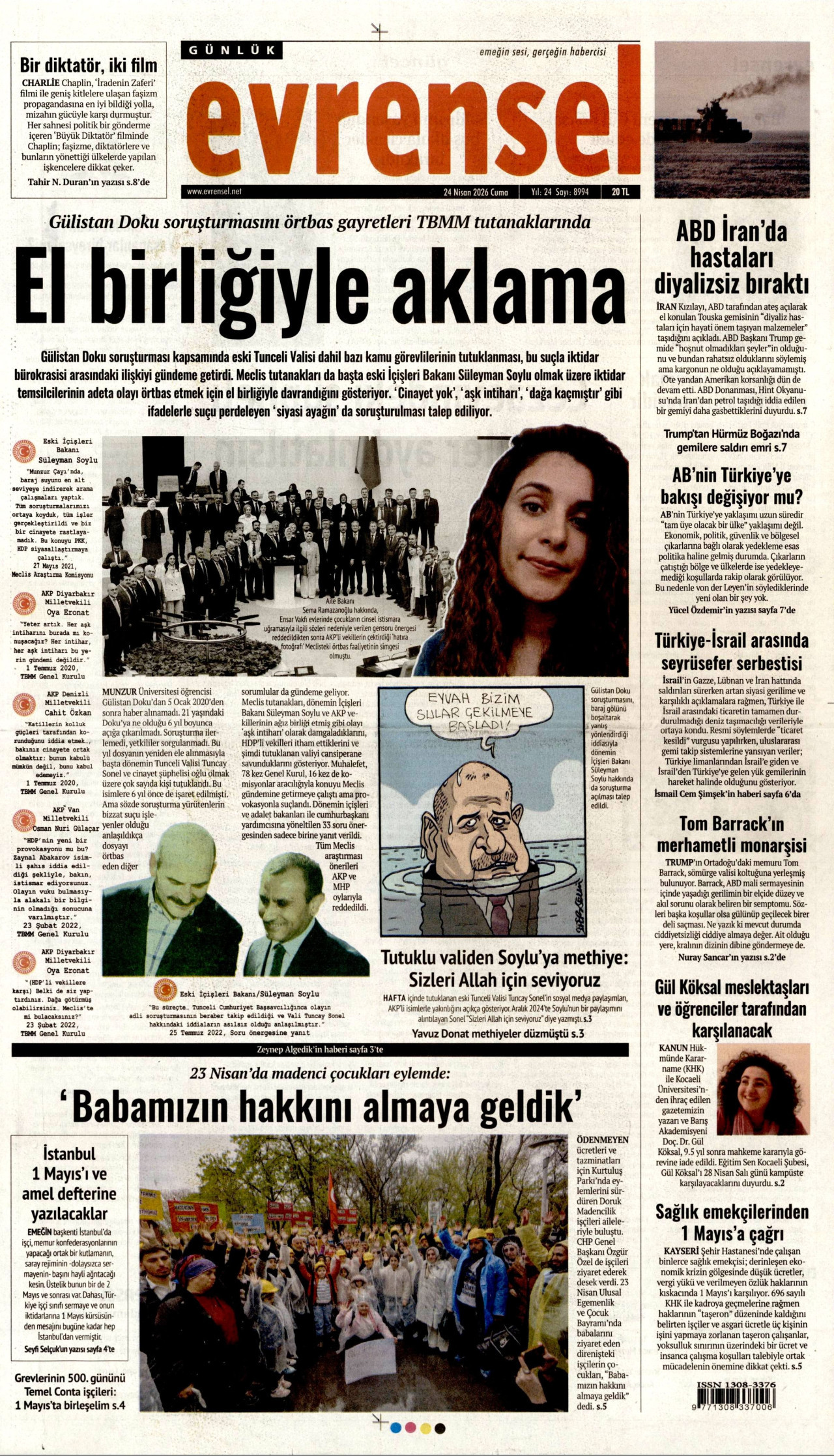 EVRENSEL gazetesinin 24 Nisan 2026 tarihli birinci sayfası