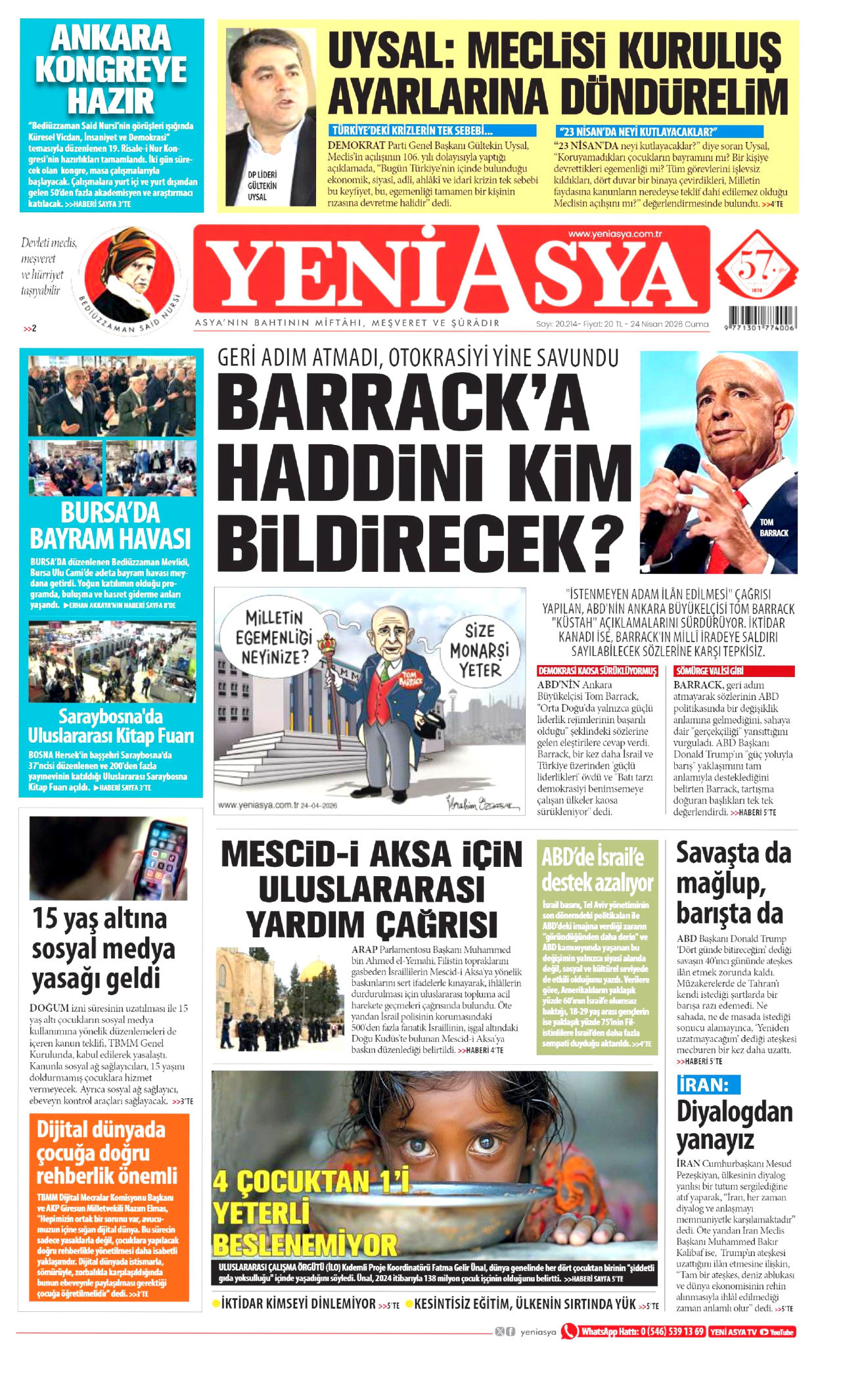 YENİ ASYA gazetesinin 24 Nisan 2026 tarihli birinci sayfası