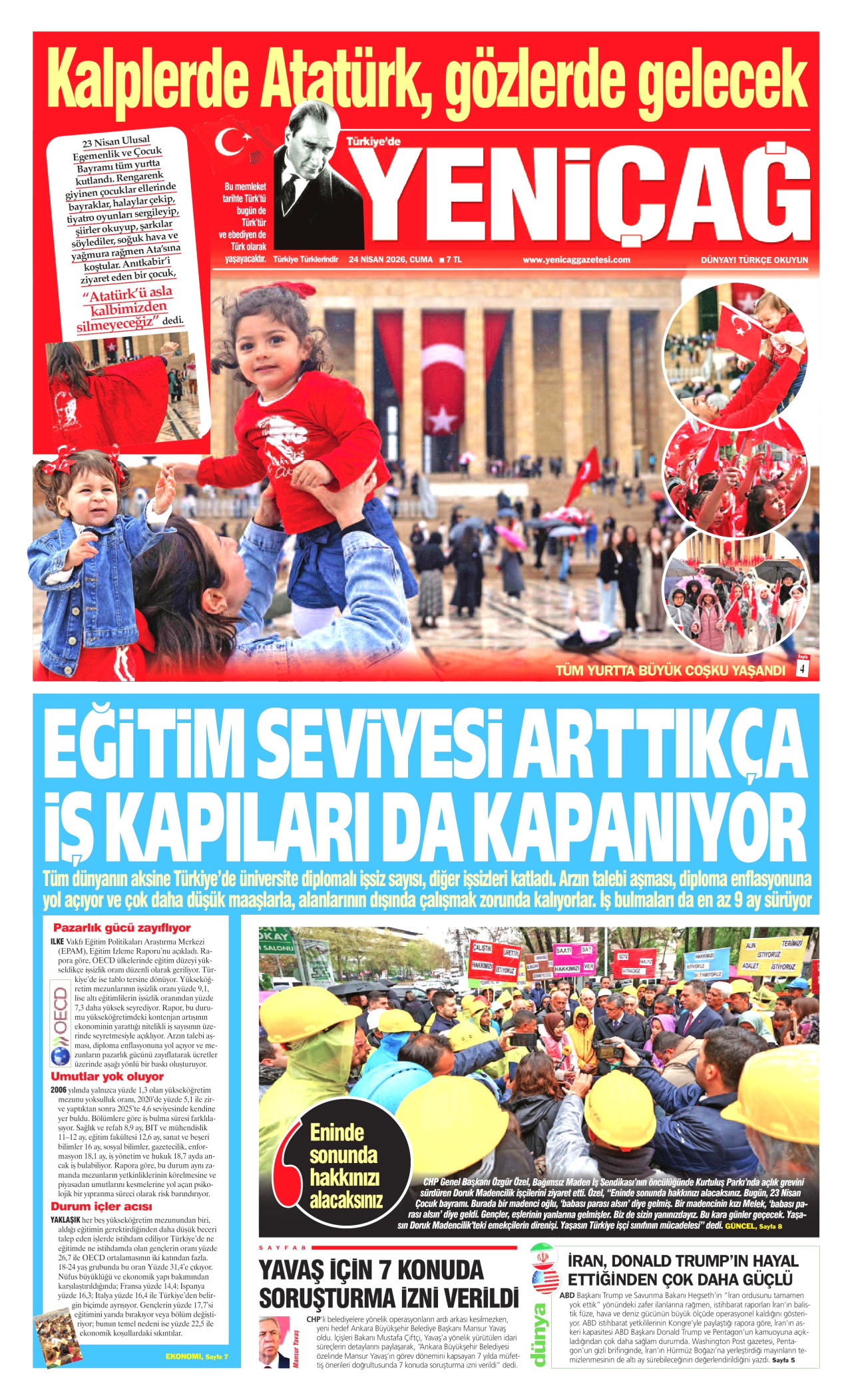 YENİÇAĞ gazetesinin 24 Nisan 2026 tarihli birinci sayfası