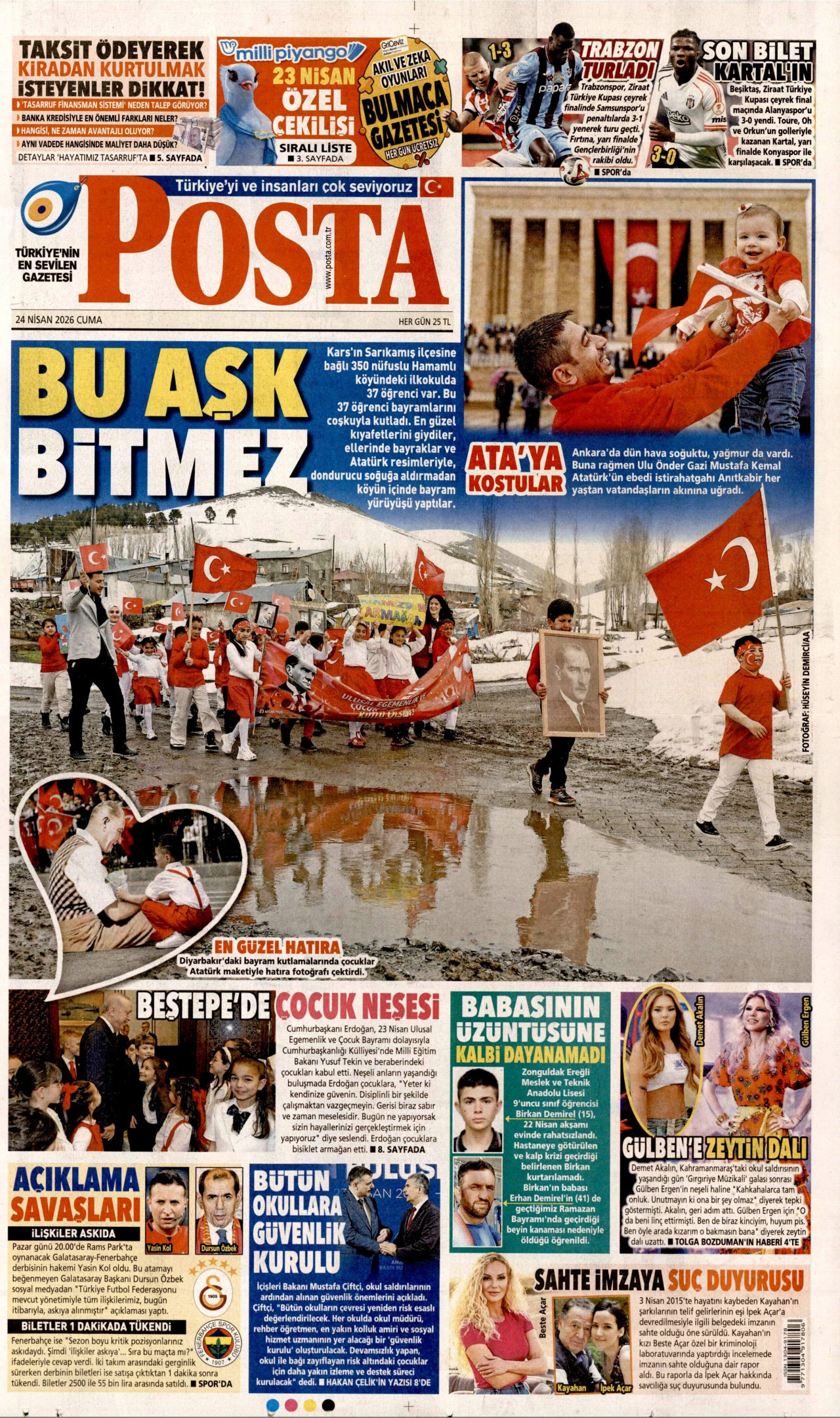 POSTA gazetesinin 24 Nisan 2026 tarihli birinci sayfası