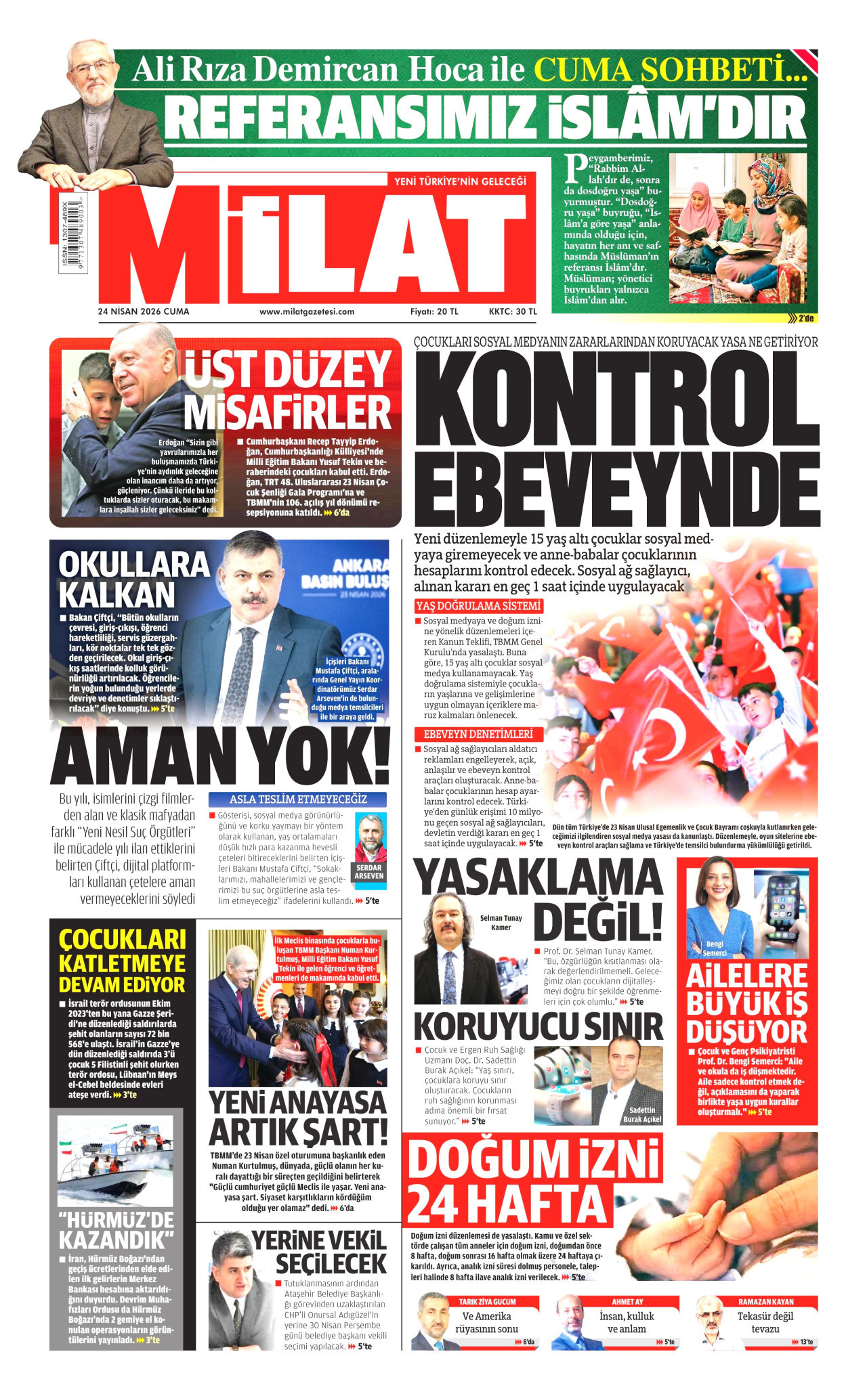 MİLAT gazetesinin 24 Nisan 2026 tarihli birinci sayfası
