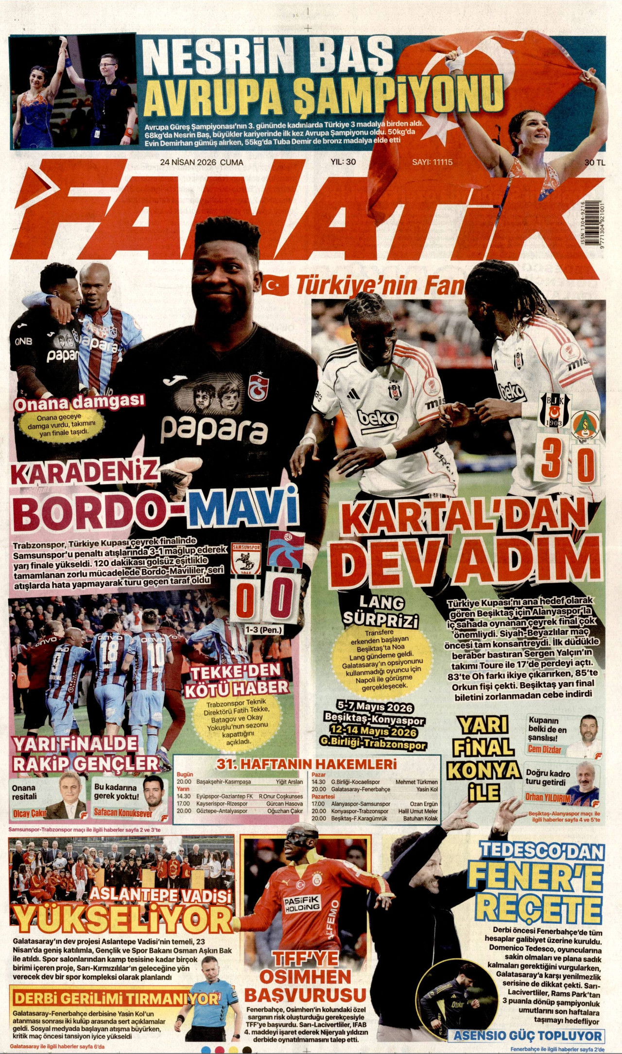 FANATİK gazetesinin 24 Nisan 2026 tarihli birinci sayfası