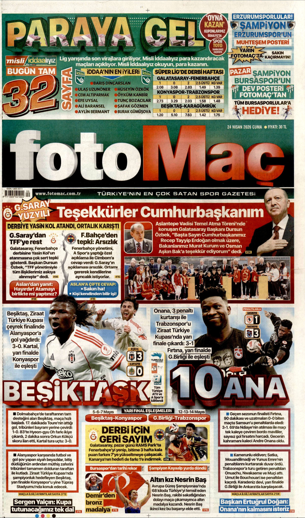 FOTOMAÇ gazetesinin 24 Nisan 2026 tarihli birinci sayfası