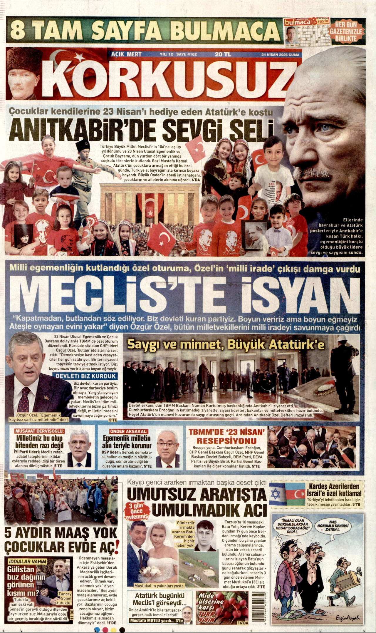 KORKUSUZ gazetesinin 24 Nisan 2026 tarihli birinci sayfası