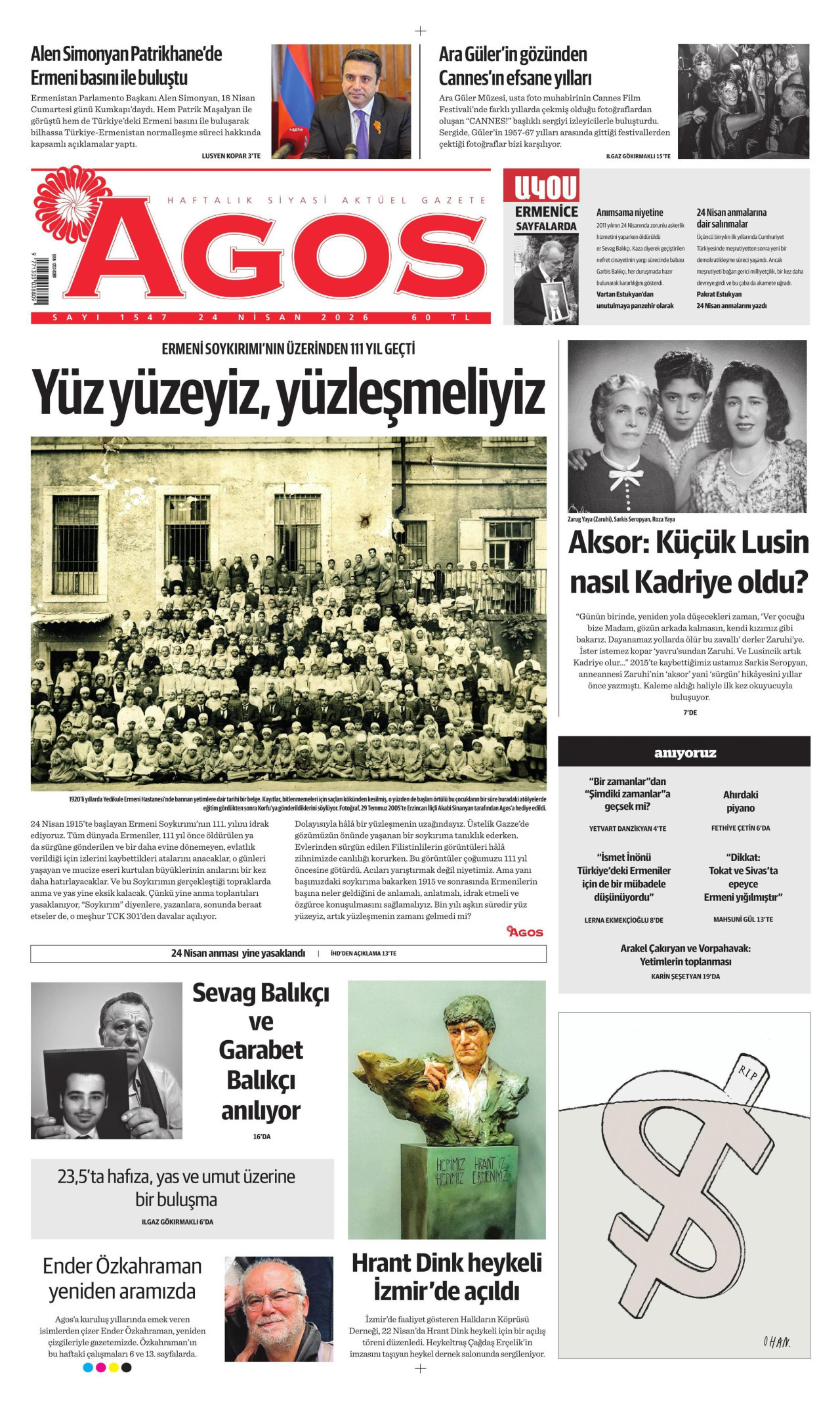 AGOS gazetesinin 24 Nisan 2026 tarihli birinci sayfası