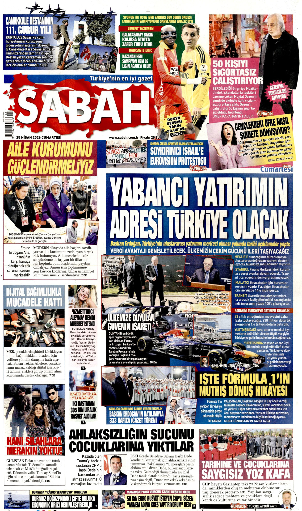SABAH gazetesinin 25 Nisan 2026 tarihli birinci sayfası