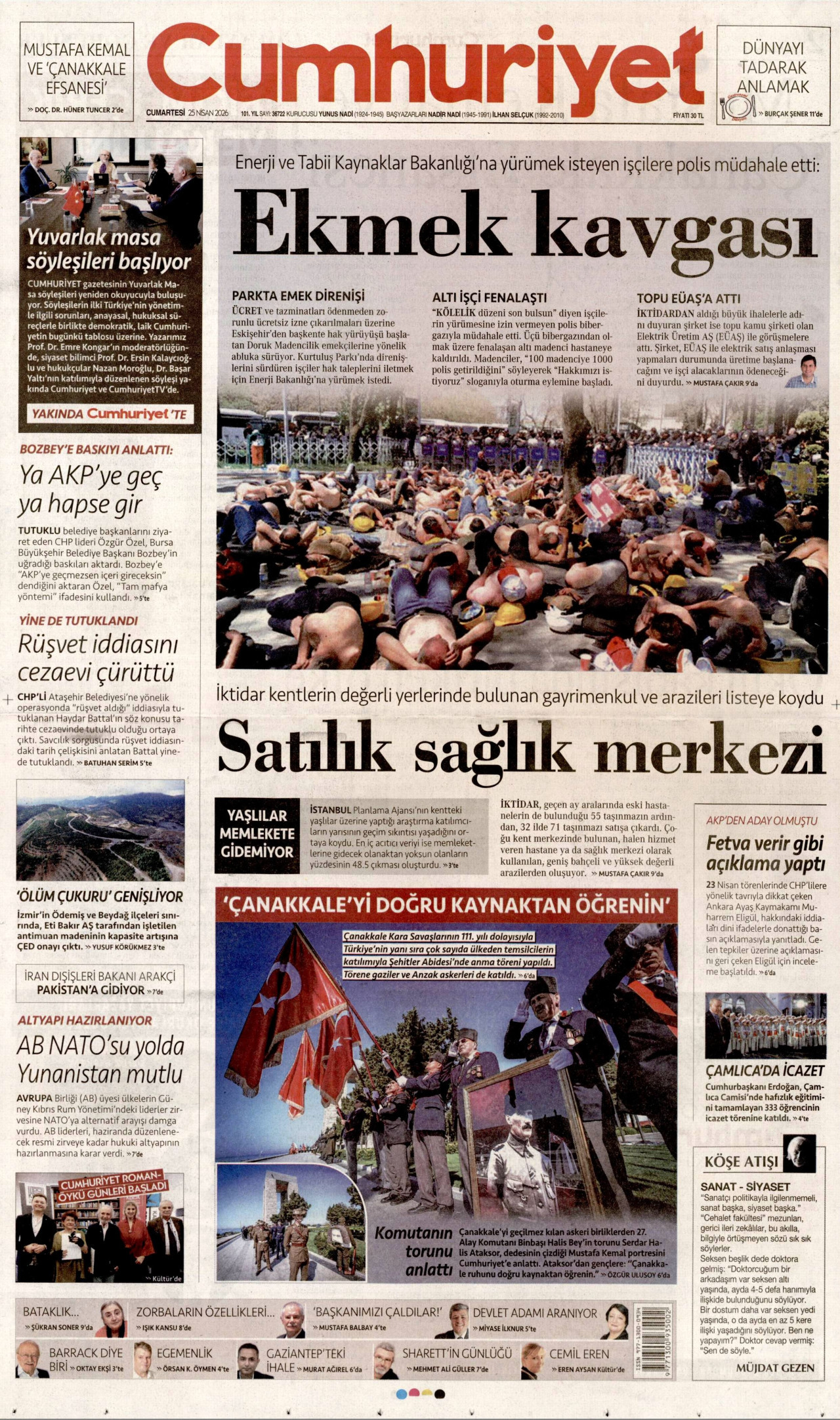 CUMHURİYET gazetesinin 25 Nisan 2026 tarihli birinci sayfası