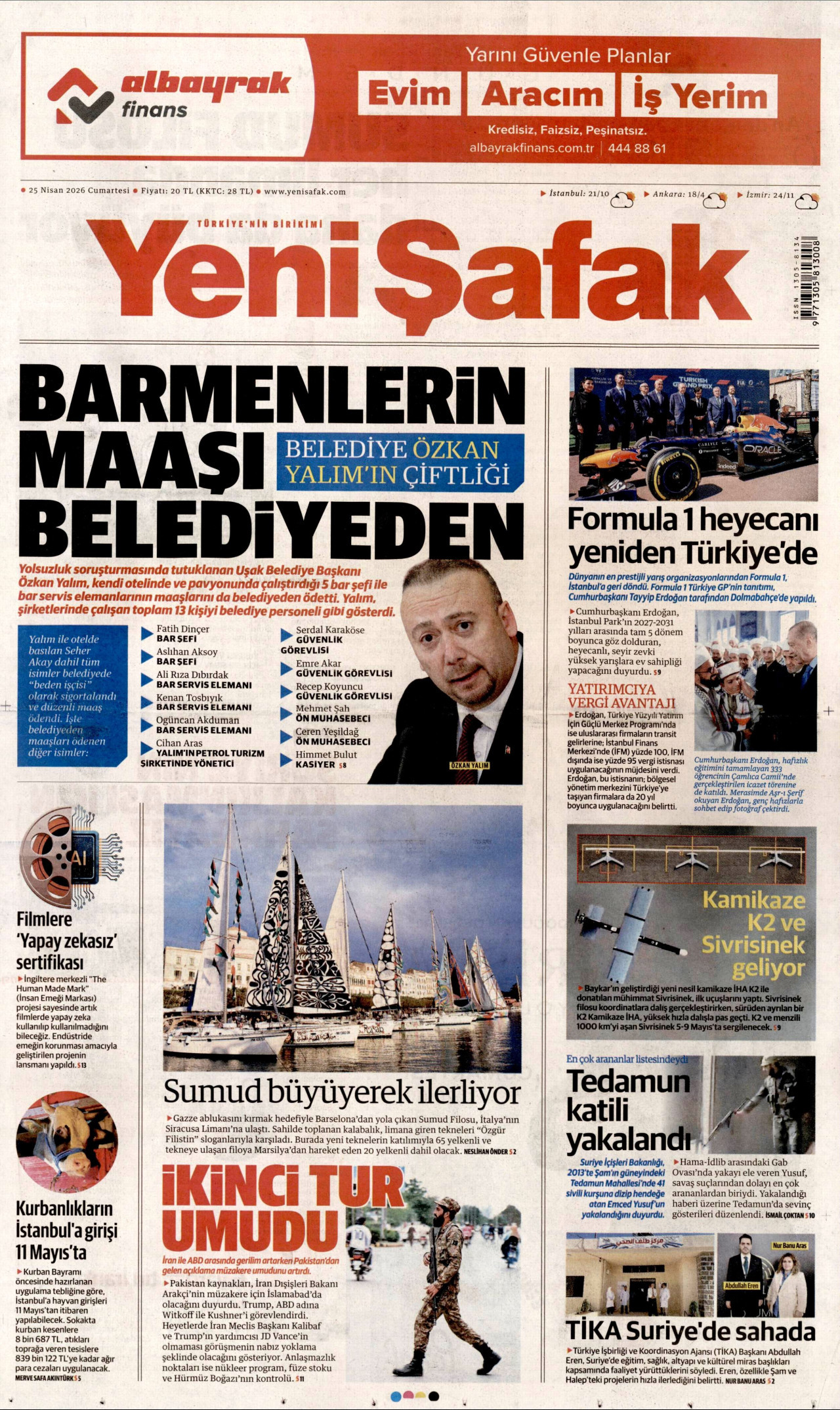 YENİ ŞAFAK gazetesinin 25 Nisan 2026 tarihli birinci sayfası