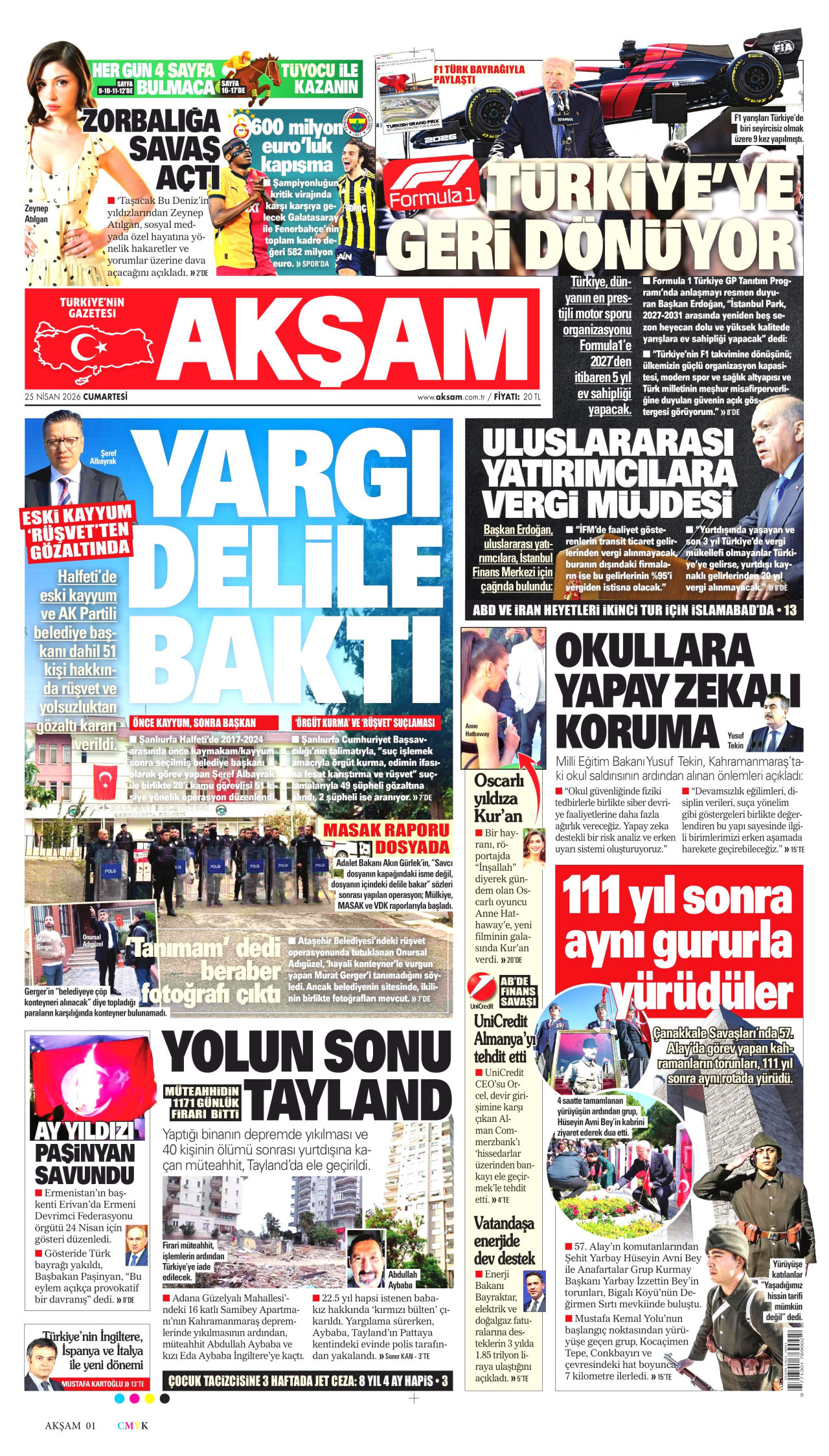 AKŞAM gazetesinin 25 Nisan 2026 tarihli birinci sayfası