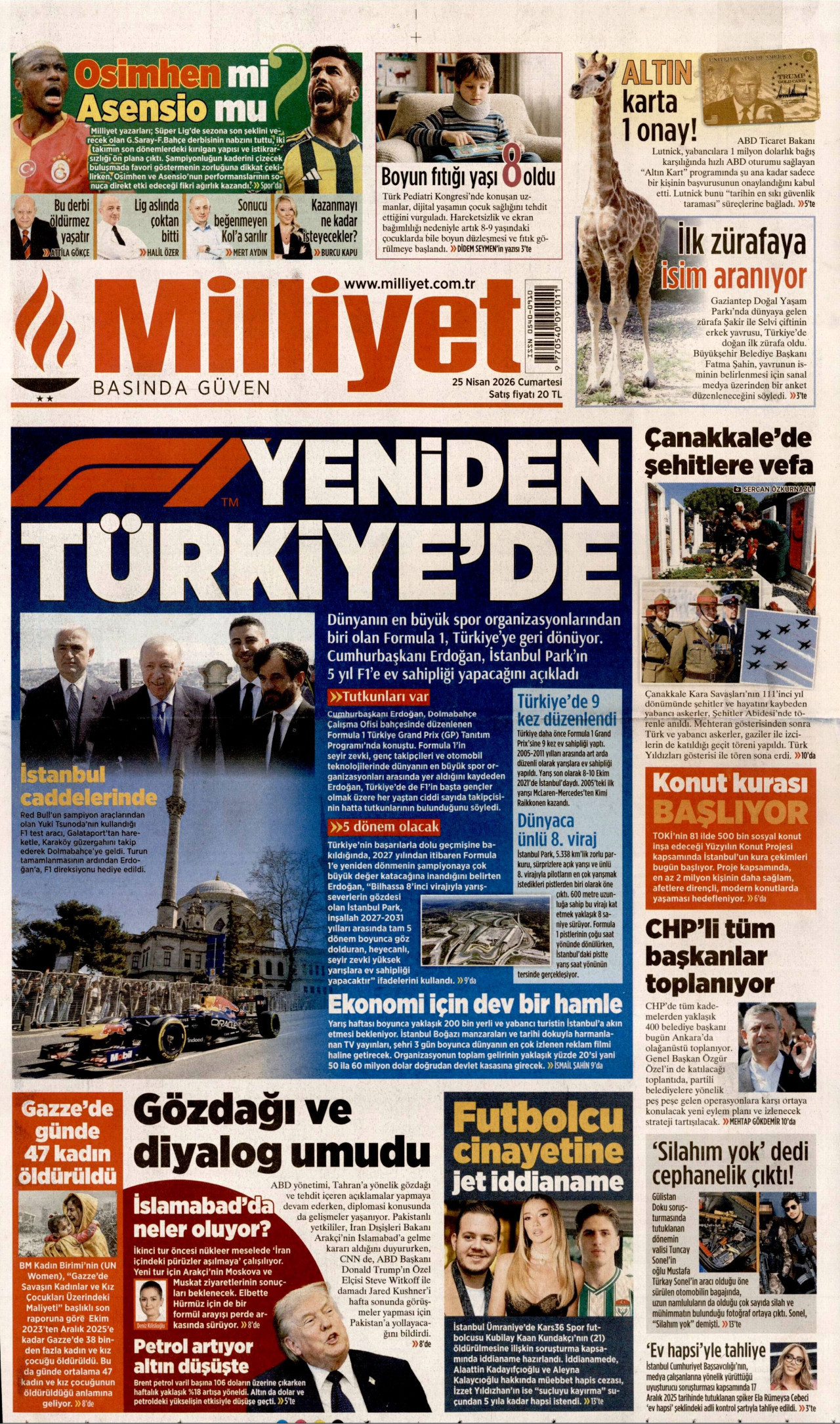MİLLİYET gazetesinin 25 Nisan 2026 tarihli birinci sayfası