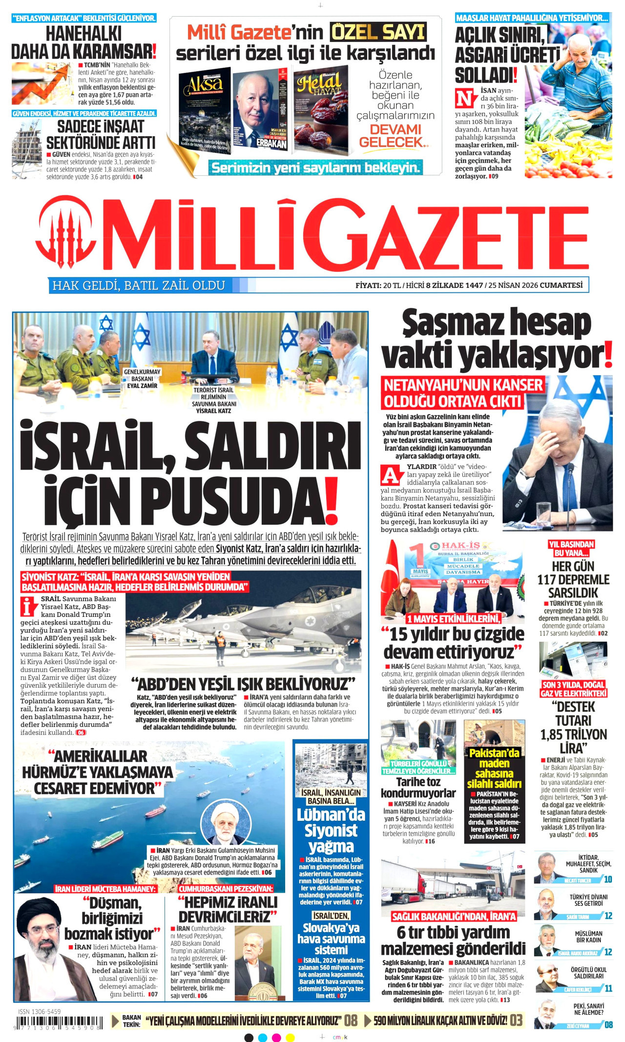 MİLLİ GAZETE gazetesinin 25 Nisan 2026 tarihli birinci sayfası