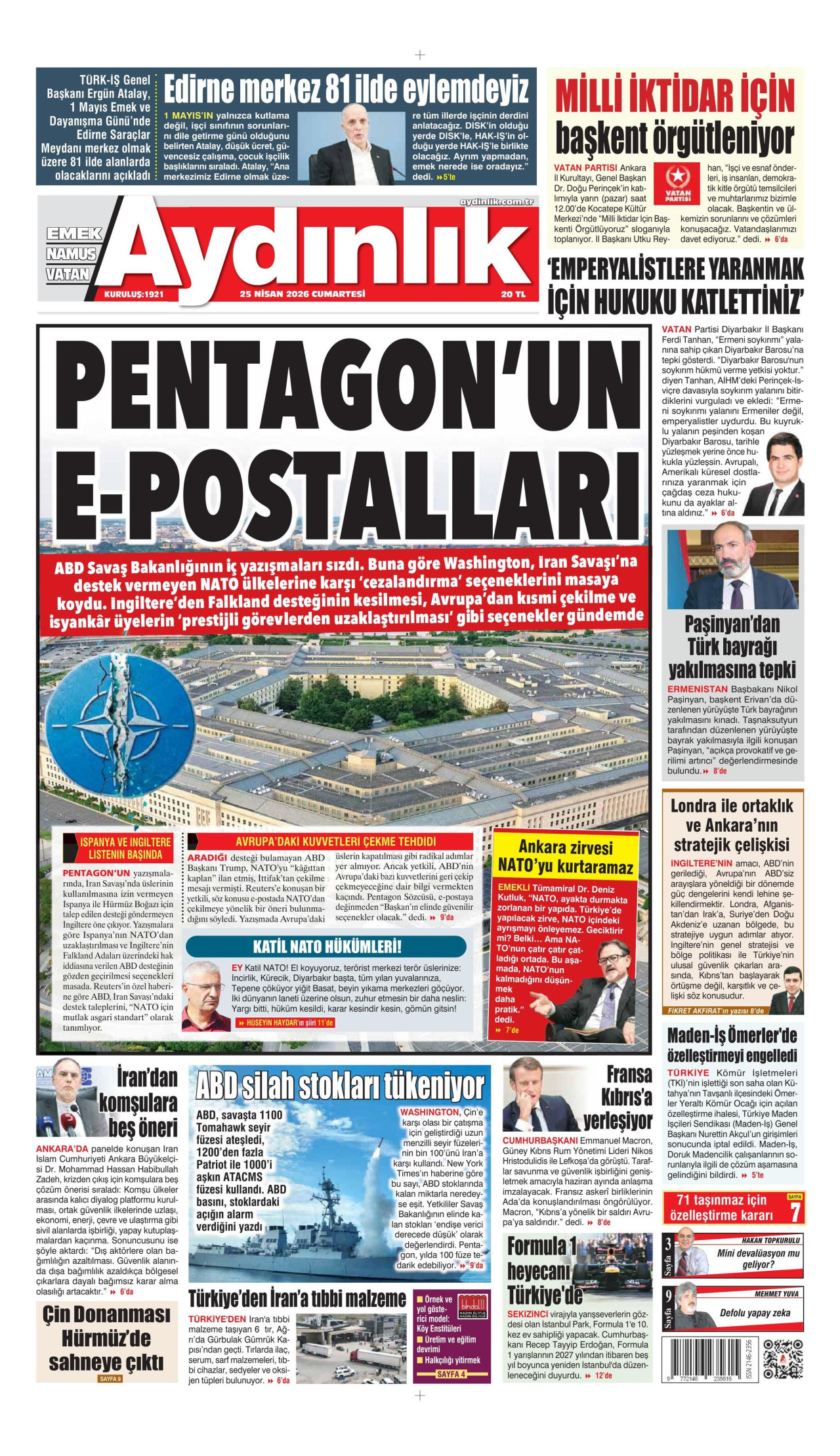 AYDINLIK GAZETESİ gazetesinin 25 Nisan 2026 tarihli birinci sayfası