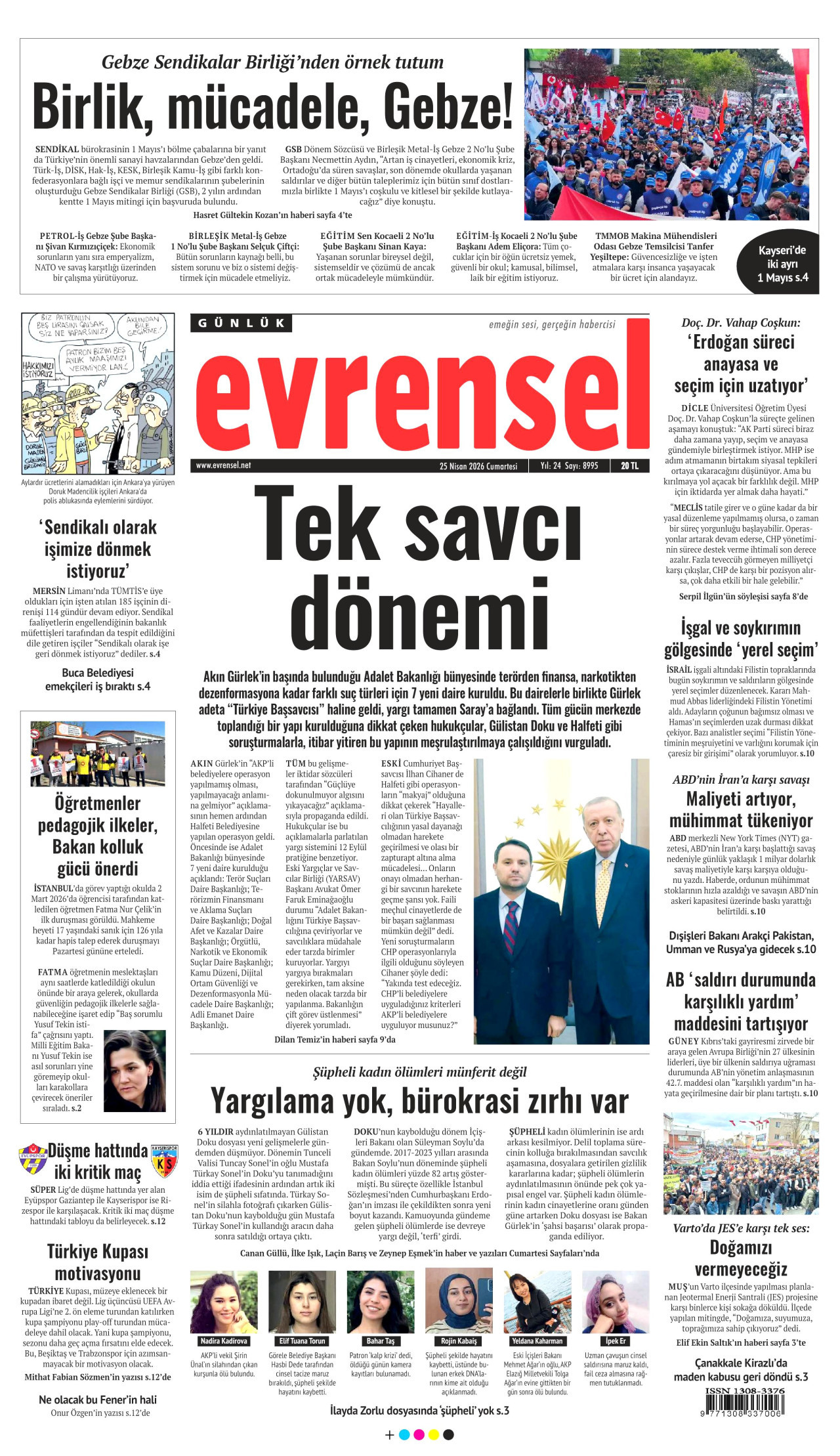 EVRENSEL gazetesinin 25 Nisan 2026 tarihli birinci sayfası