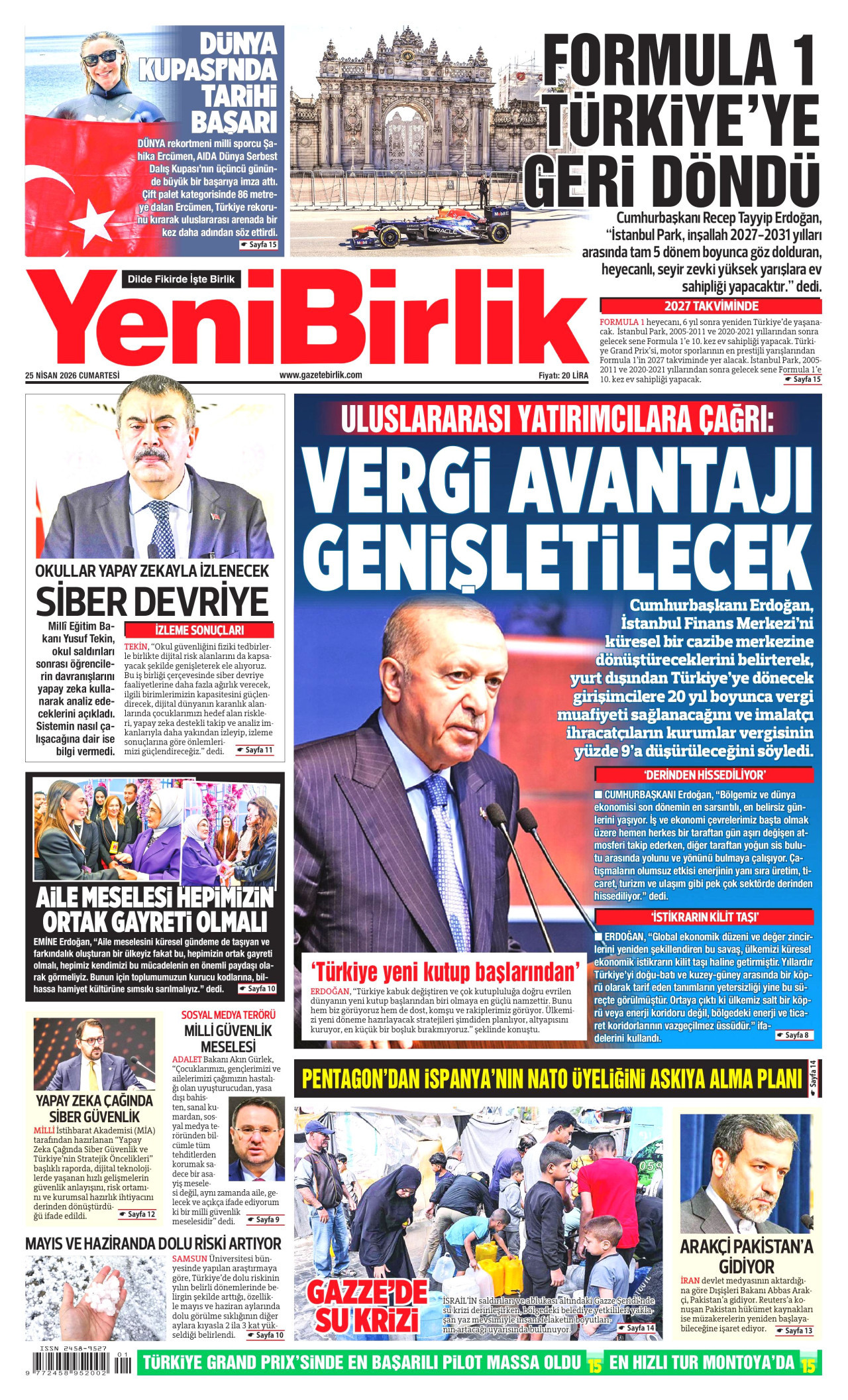 YENİBİRLİK gazetesinin 25 Nisan 2026 tarihli birinci sayfası