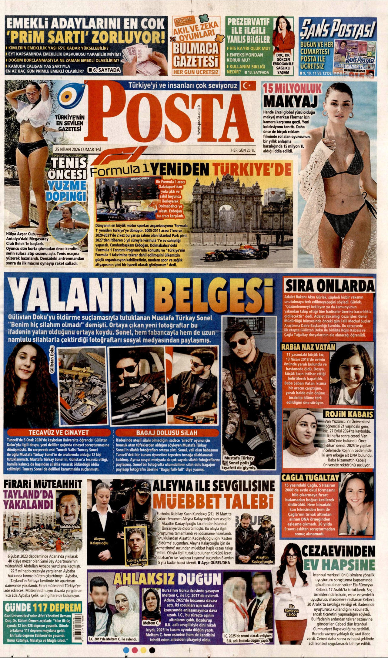 POSTA gazetesinin 25 Nisan 2026 tarihli birinci sayfası