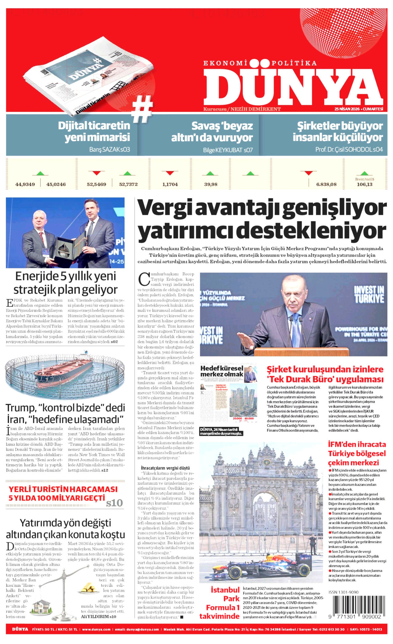 DÜNYA gazetesinin 25 Nisan 2026 tarihli birinci sayfası