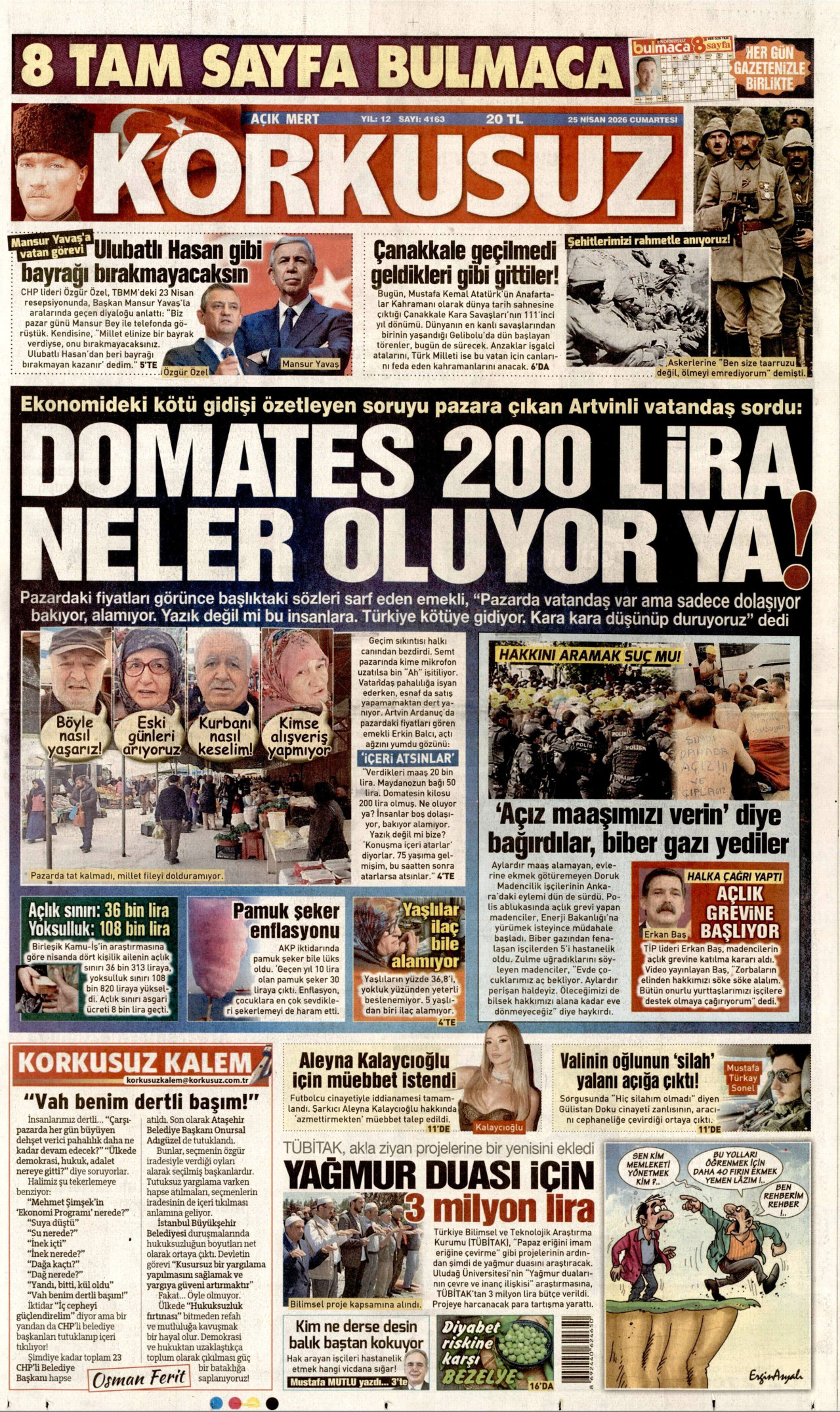 KORKUSUZ gazetesinin 25 Nisan 2026 tarihli birinci sayfası