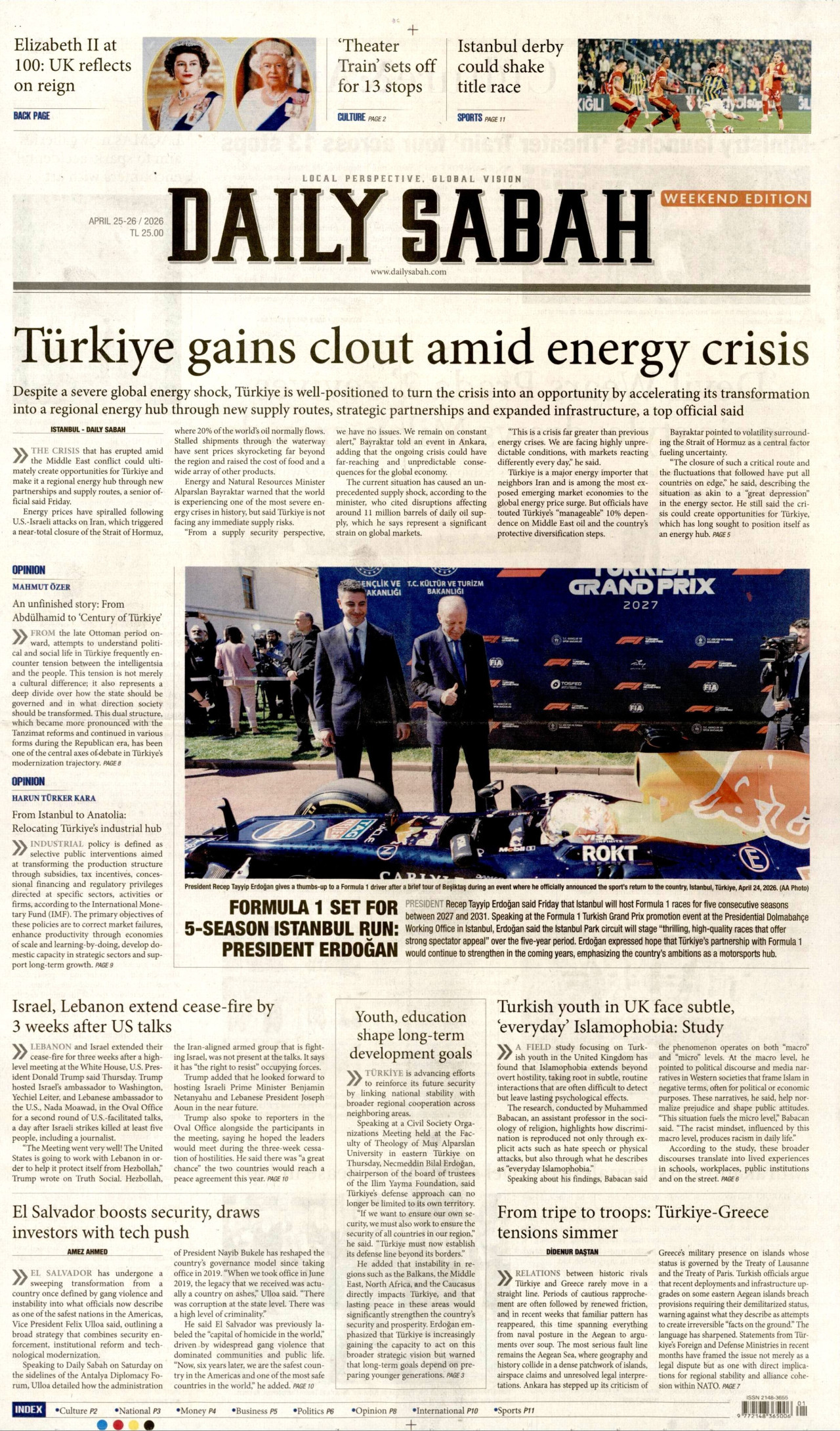 DAİLY SABAH gazetesinin 25 Nisan 2026 tarihli birinci sayfası