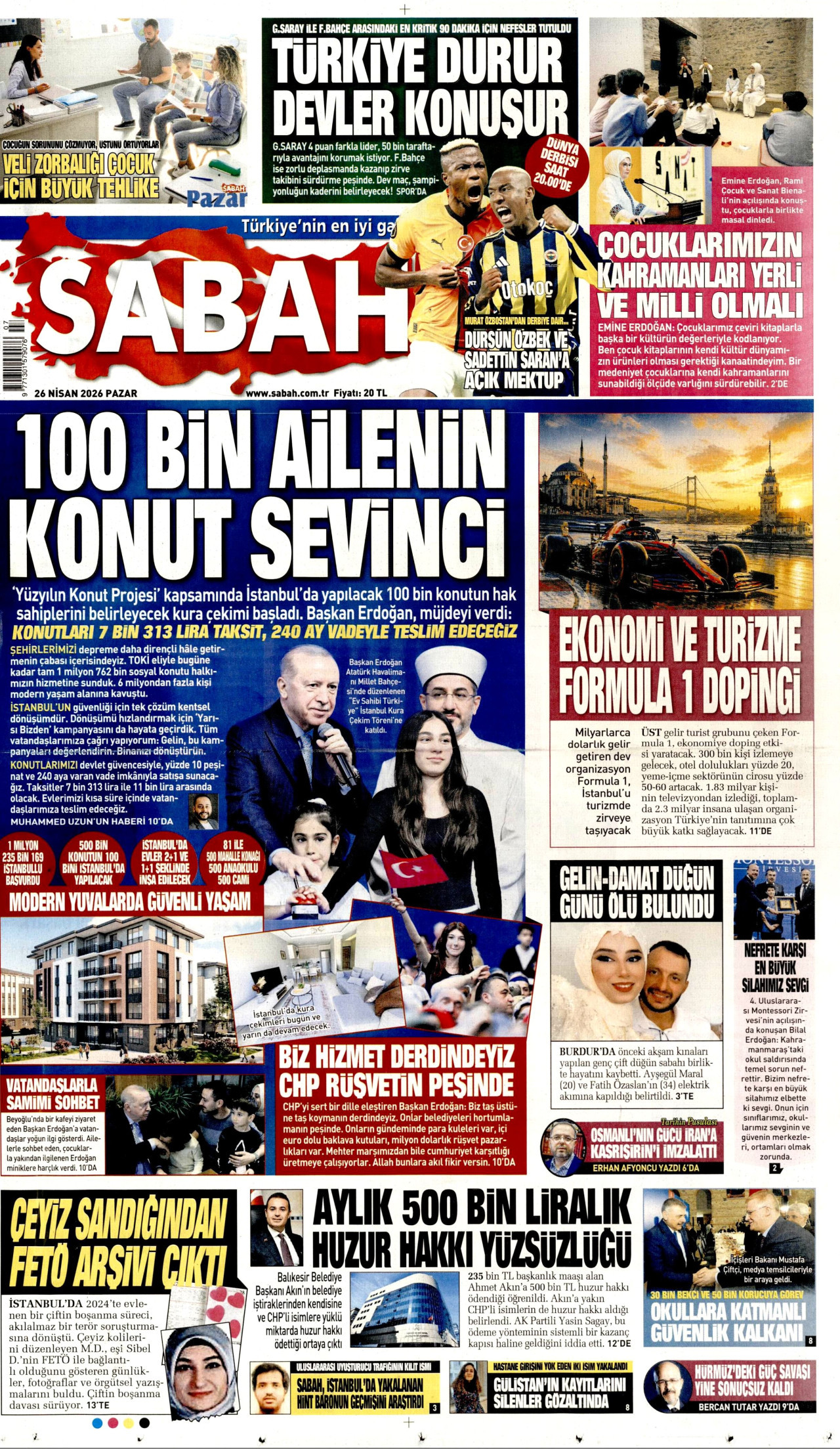 SABAH gazetesinin 26 Nisan 2026 tarihli birinci sayfası