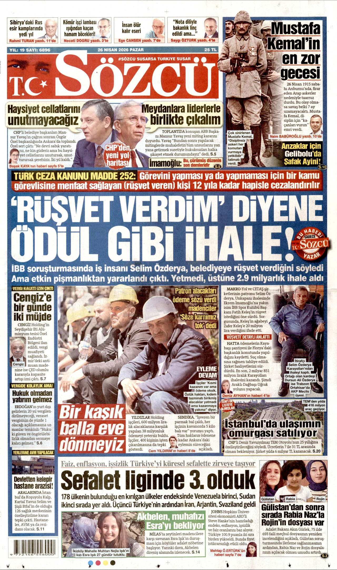 SÖZCÜ gazetesinin 26 Nisan 2026 tarihli birinci sayfası