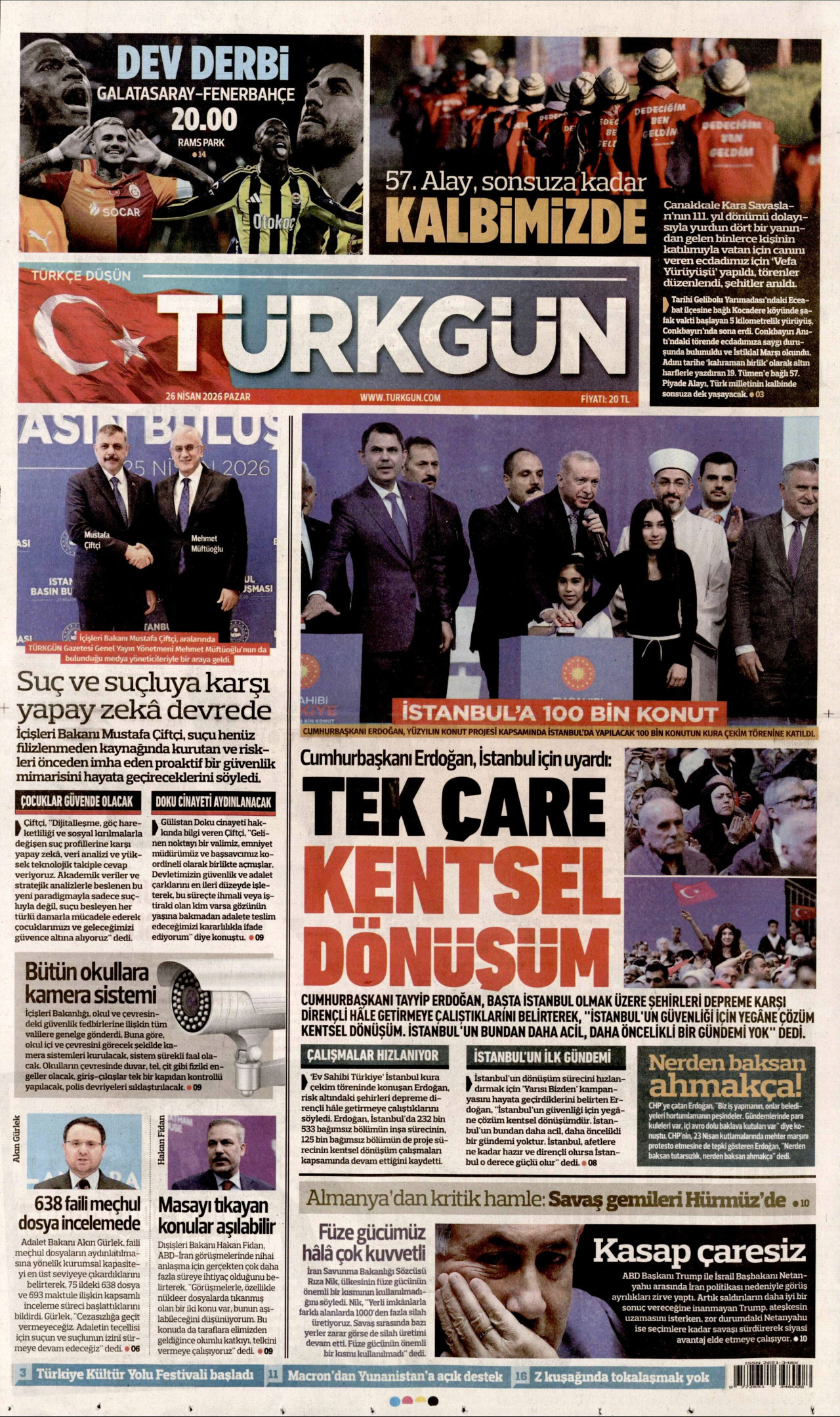 TÜRKGÜN gazetesinin 26 Nisan 2026 tarihli birinci sayfası