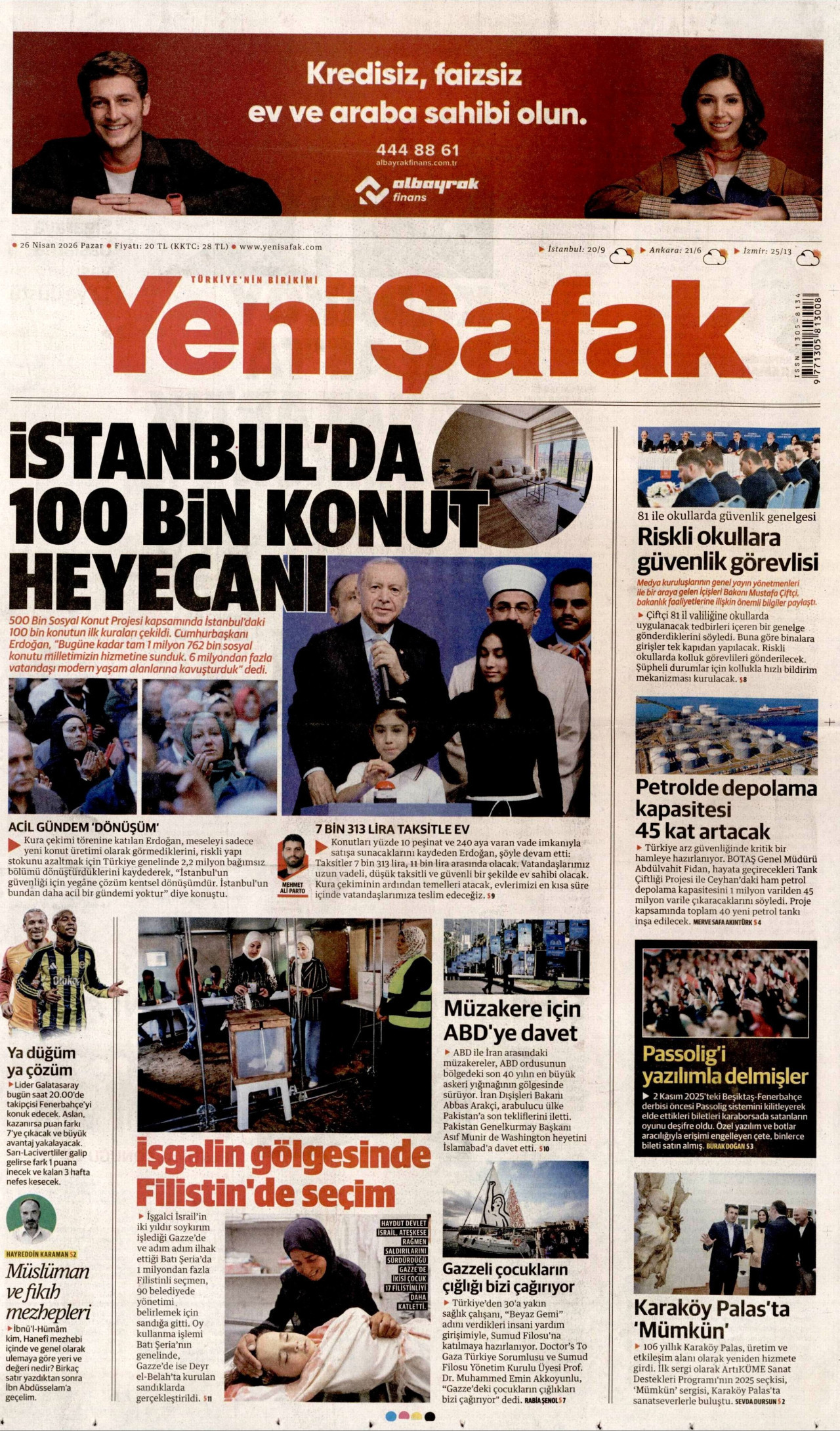 YENİ ŞAFAK gazetesinin 26 Nisan 2026 tarihli birinci sayfası