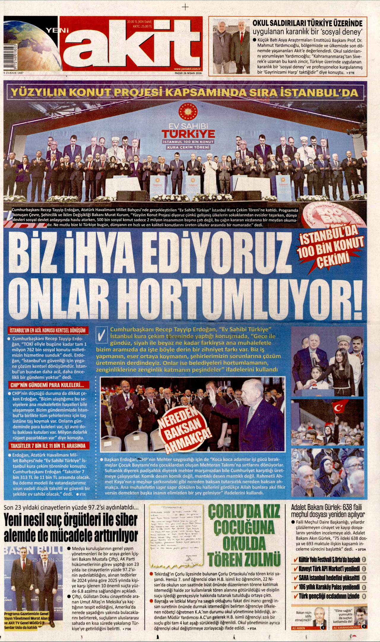 YENİ AKİT gazetesinin 26 Nisan 2026 tarihli birinci sayfası