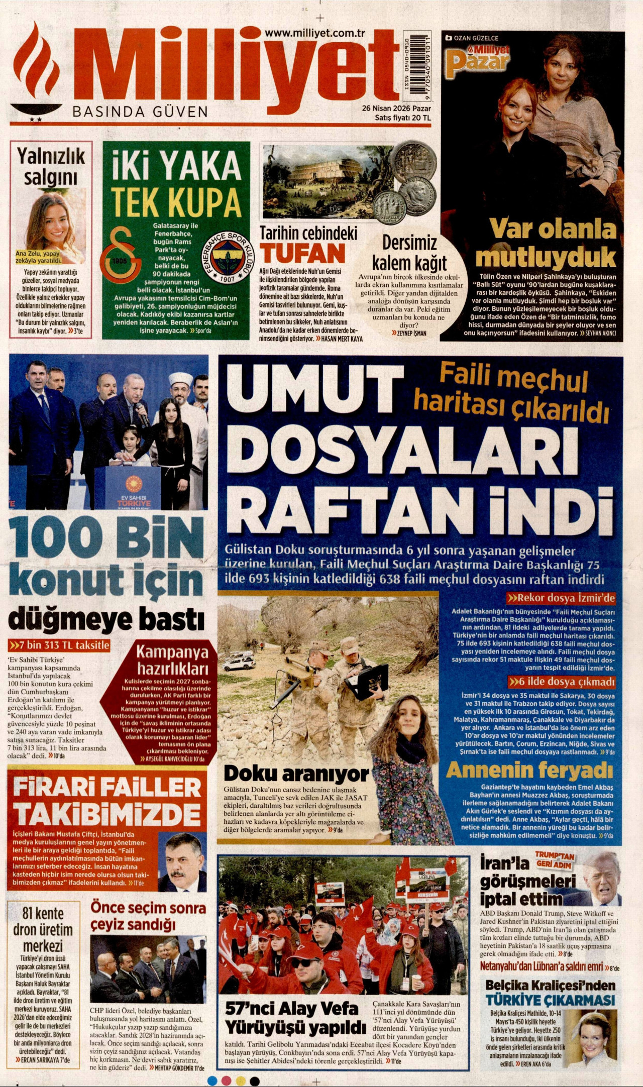 MİLLİYET gazetesinin 26 Nisan 2026 tarihli birinci sayfası