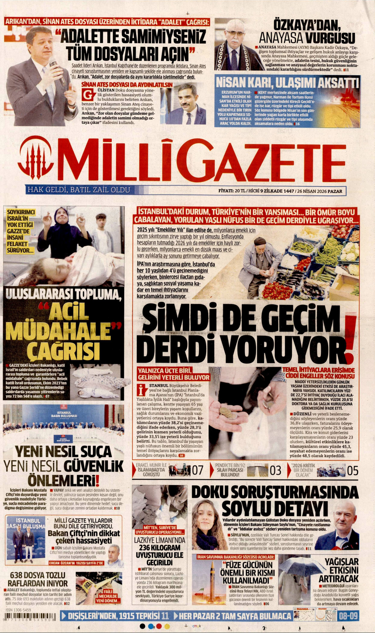 MİLLİ GAZETE gazetesinin 26 Nisan 2026 tarihli birinci sayfası