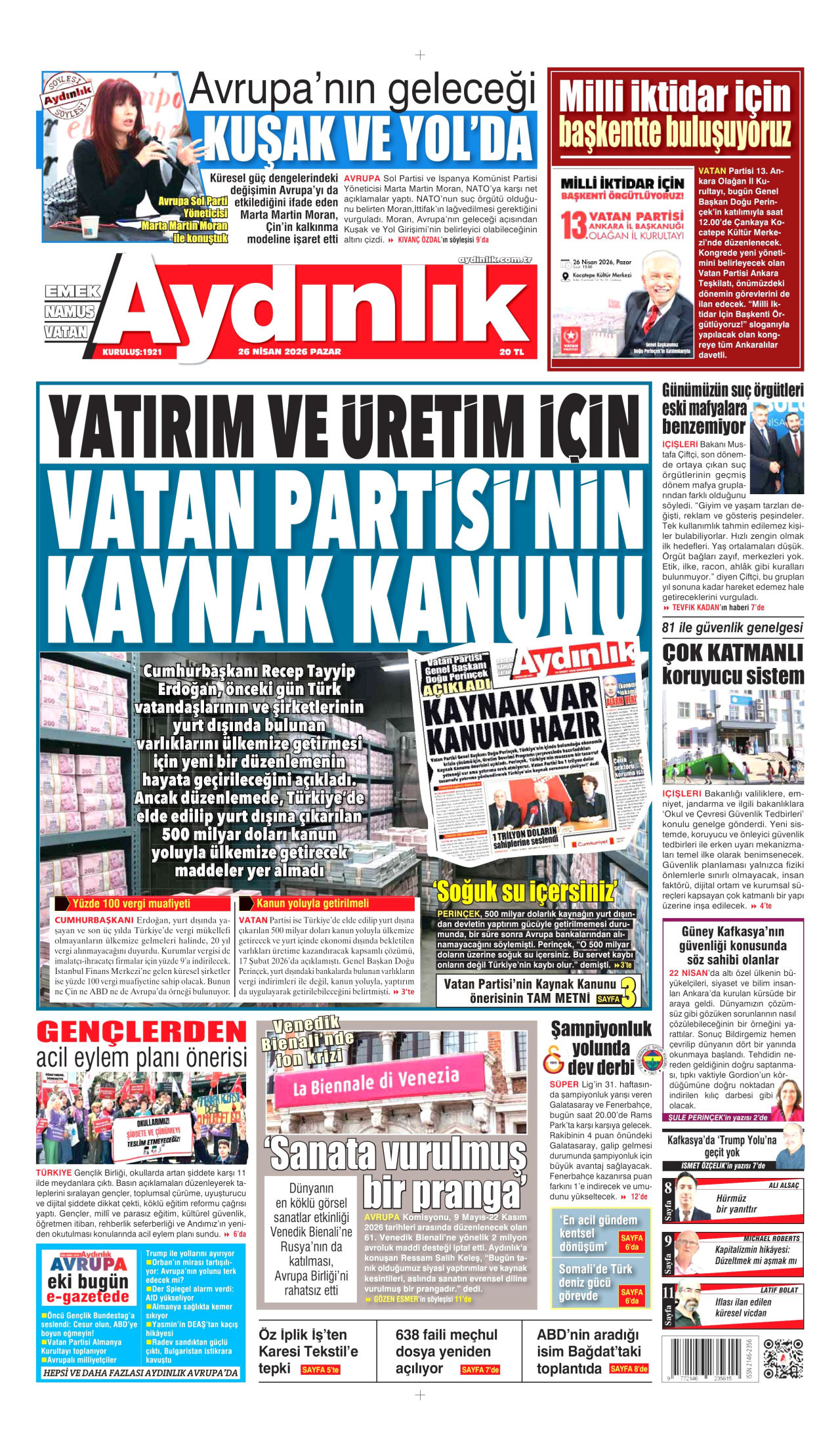 AYDINLIK GAZETESİ gazetesinin 26 Nisan 2026 tarihli birinci sayfası