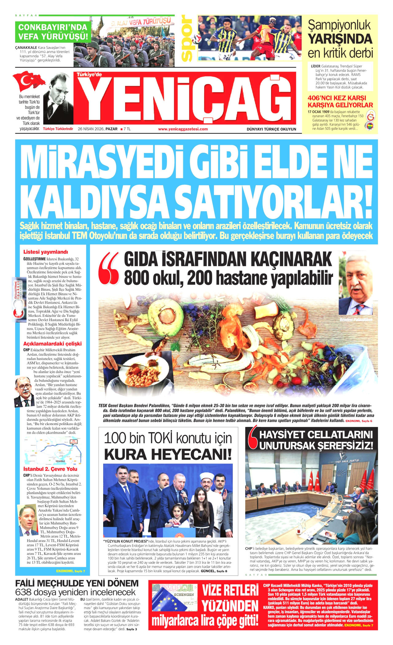 YENİÇAĞ gazetesinin 26 Nisan 2026 tarihli birinci sayfası