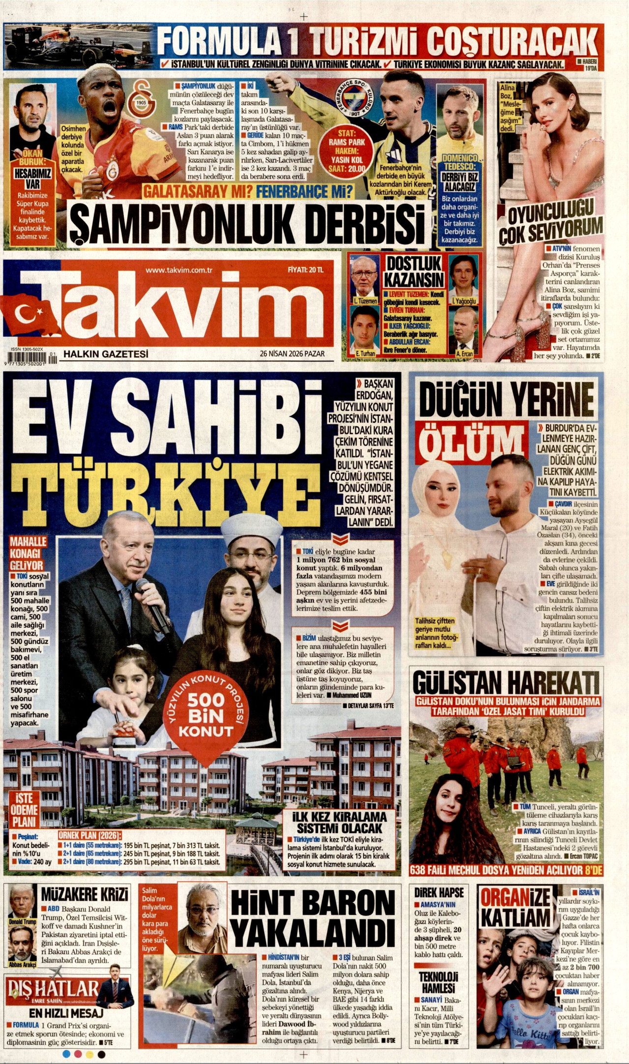 TAKVİM gazetesinin 26 Nisan 2026 tarihli birinci sayfası