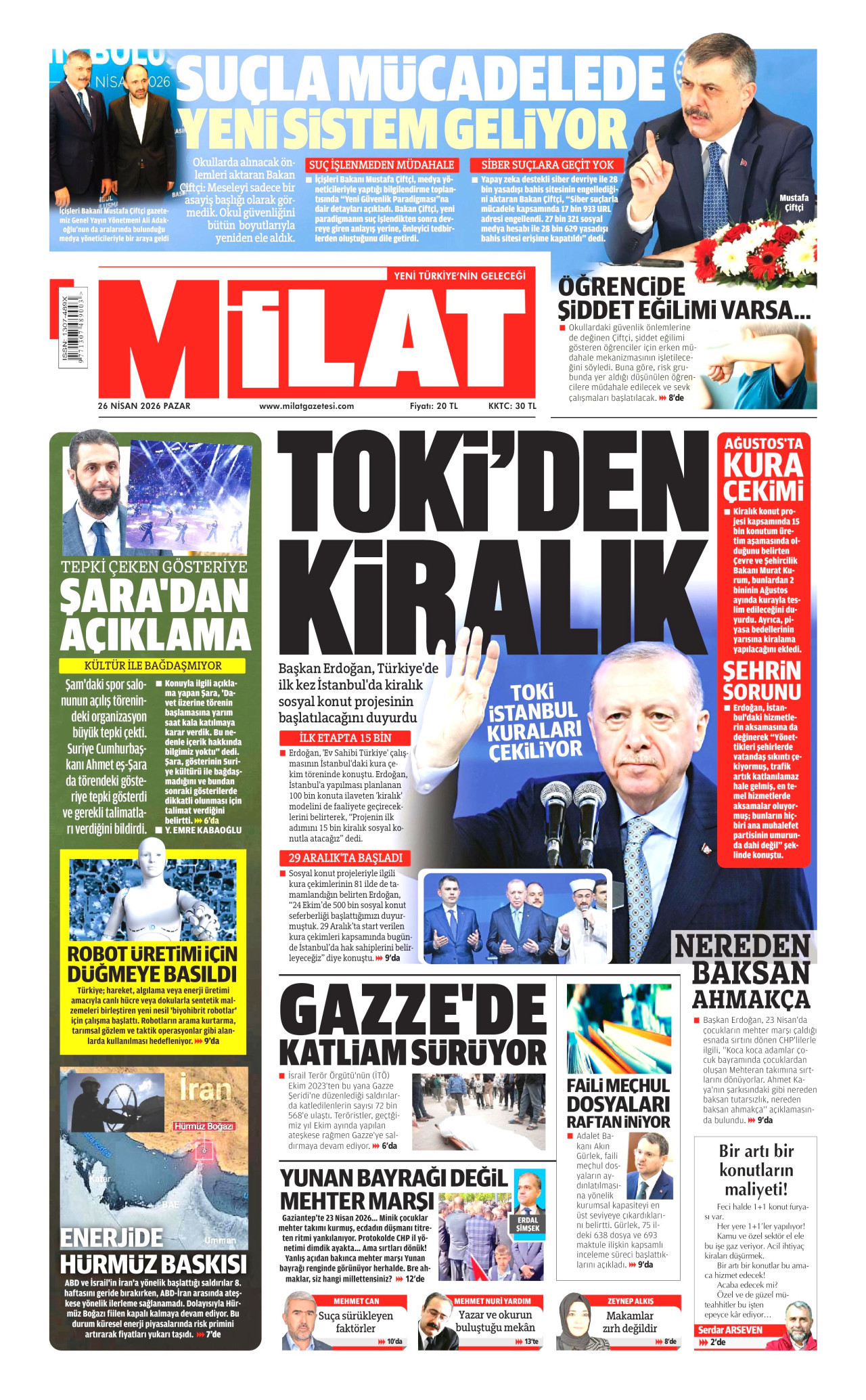 MİLAT gazetesinin 26 Nisan 2026 tarihli birinci sayfası