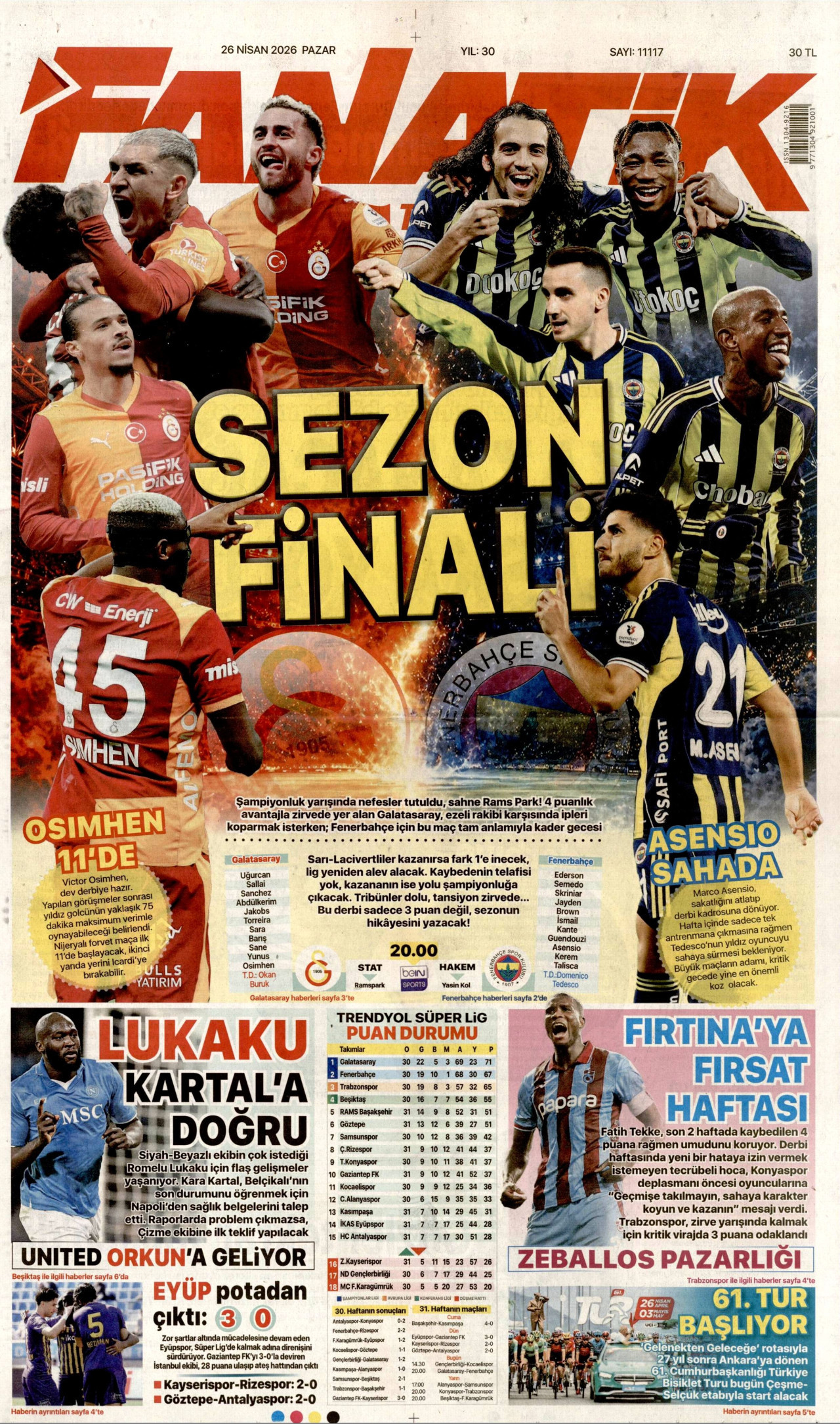 FANATİK gazetesinin 26 Nisan 2026 tarihli birinci sayfası