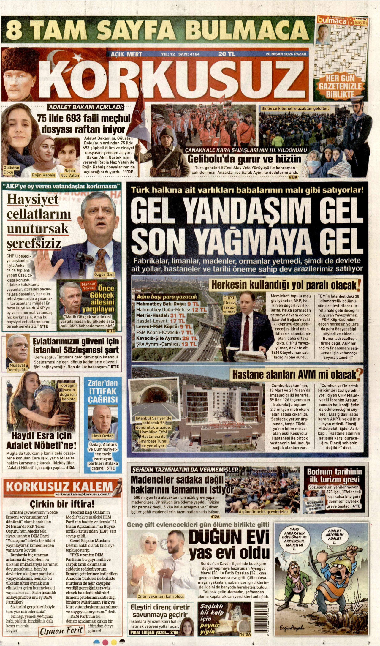 KORKUSUZ gazetesinin 26 Nisan 2026 tarihli birinci sayfası